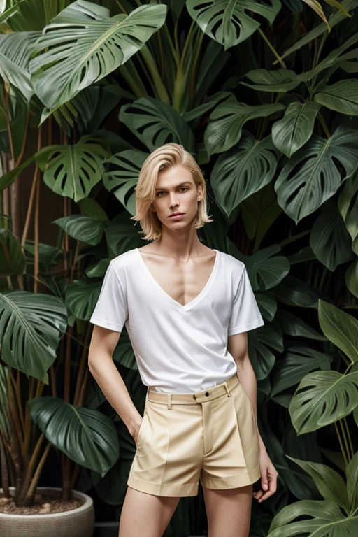 (androgynous male in women's tailored shorts and v-neck shirt posing in front of tropical plants), androgynous male face, tall, slender, thick shoulder length blonde hair, high fashion, wearing stylish women's tailored shorts and v-neck shirt, androgynous male, Twink