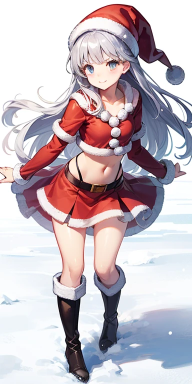 secondary elements、1 person, Santa Costumes、skirt、17 years old、girl、long silver hair、Navel exposed、snowy、whole body、Are standing、Knee-high boots、Viewer-facing、cute face, (big breasts:0.5)、shiny skin