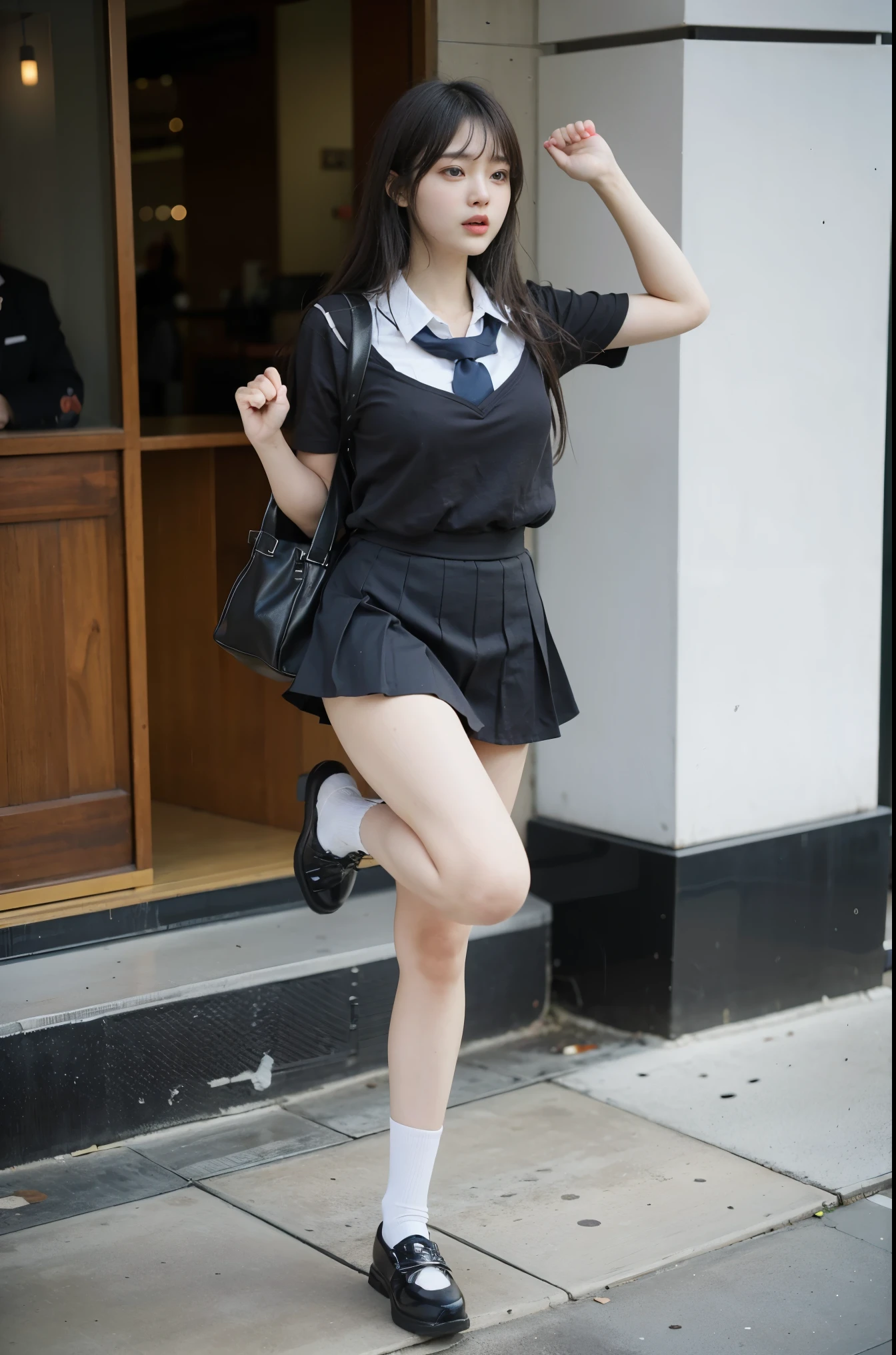put your hands into fists, right leg ((kicks in the air)), eyes focus on the right leg, while shouting haaa, pretty bravelly, , thin legs, tight skirts, left leg heels on the ground on, sidewalk, RAW photos, 8K, highest quality, ultra-high resolution, beautiful faces detailed, real human skin, gentle expressions, Front view, angle from below, long hair, realistic, photorealistic, cute, short skirt, in the city, cute school girl, Japanese uniform, wearing Japanese , surreal high school girl, whole body,