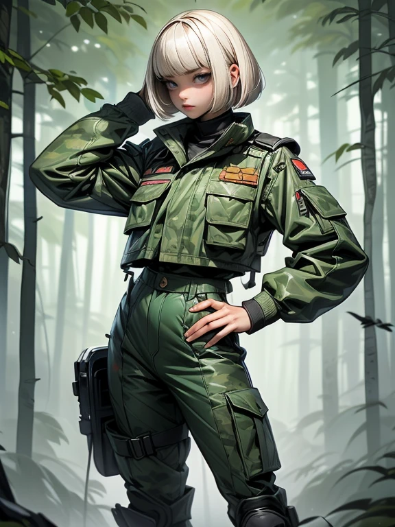 (((of the highest quality: 1.4))),(unparalleled masterpiece ever), (Ultra high definition),(Ultra realistic 8K CG), (((adult body))), (((1girl solo))), ((( Bob Shorthair ))), 25-year-old soldier, perfect body,,Beautiful and well-groomed face,muscular body:1.2,Detailed camouflage jacket, Camouflage tank top、is standing, (Image from head to thigh),(( White Blonde Bob Shorthair )), Simon Bisley's urban savage style,Detailed forest background,Clean abs, Complex equipment, dark green with white stars and gray and white stripe, Armor, Poison tattoo