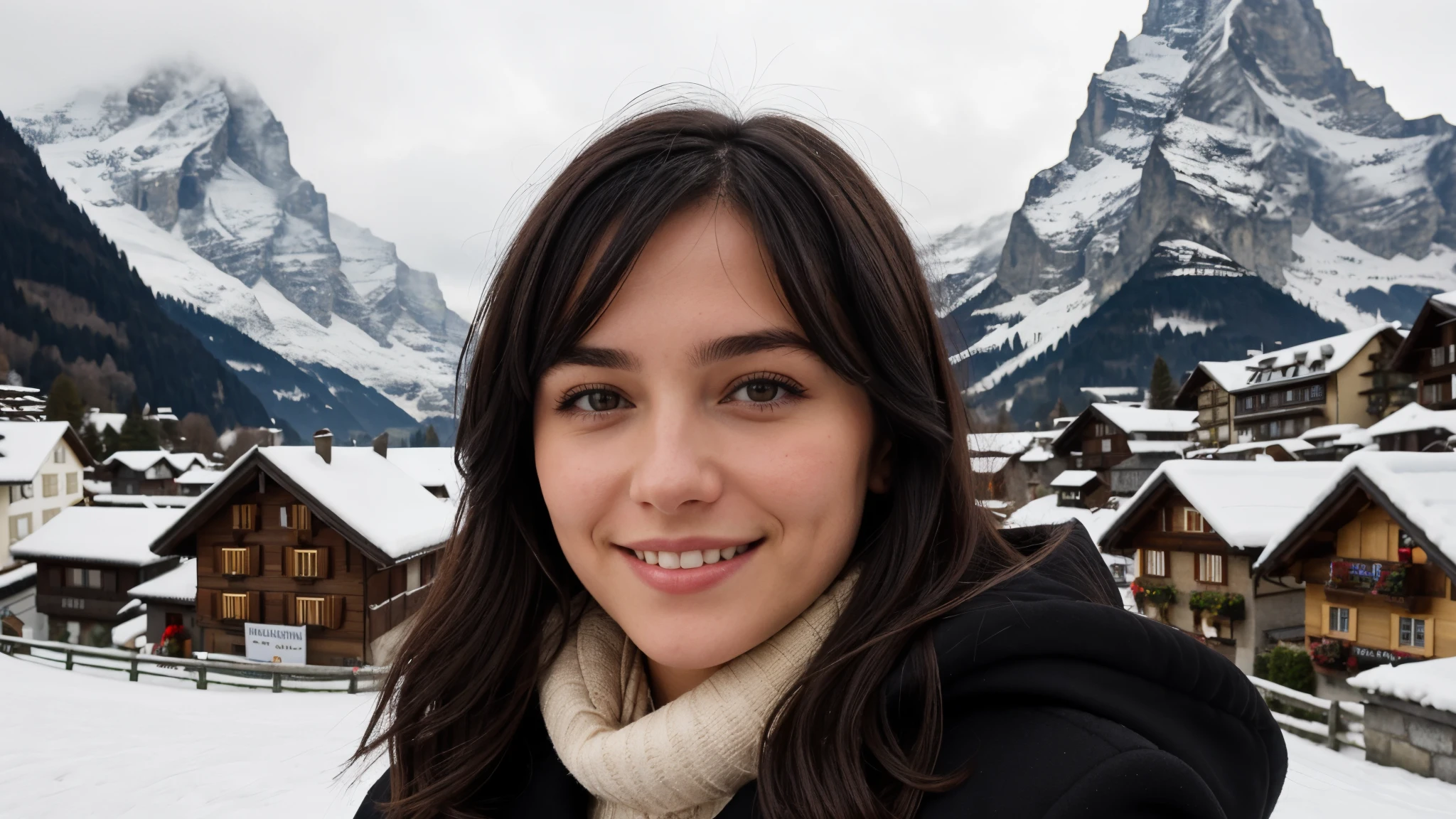 Instagram pictures, French Girl, Shoulder length hair, black hair, Close-up photo, coat, The background is the village of Grindelwald.., Switzerland, smile a little,
