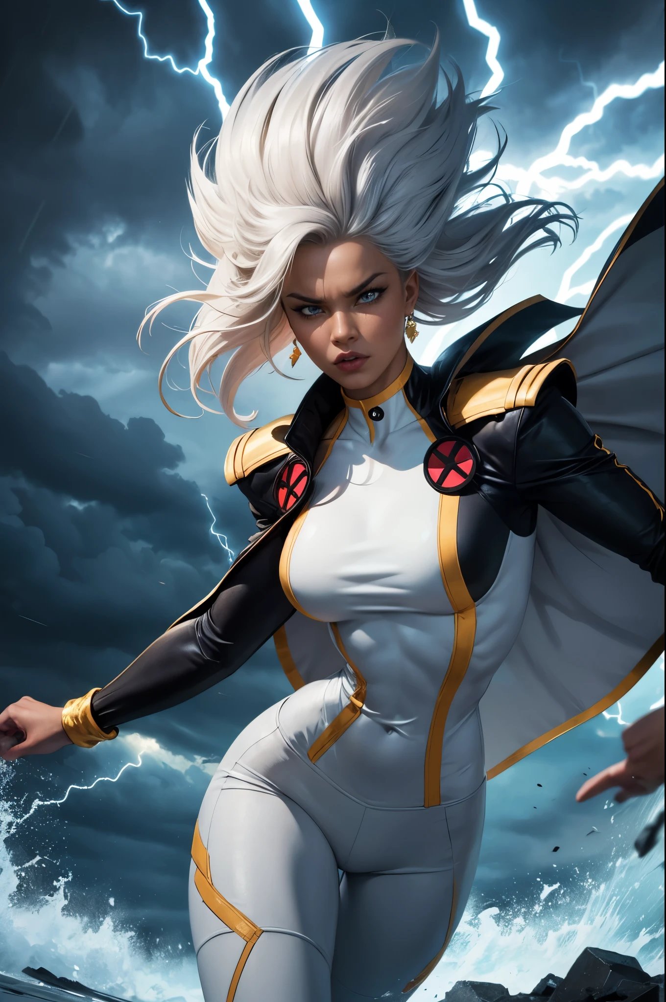 best quality,highres,ultra-detailed,realistic:1.37,professional,dynamic,action shot,storm character art,storm from the X-Men,storm conjuring lightning,storm with flowing white hair,storm with intense gaze,storm in a powerful pose,strong facial features,storm's iconic cape,storm surrounded by storm clouds,storm with dramatic lighting,storm's eyes glowing white,storm's lightning powers crackling,storm with an intense expression,storm with a determined look,storm wearing her classic costume,storm floating in the air,storm with winds swirling around her,storm creating a thunderstorm,storm casting lightning bolts,storm's cape billowing in the wind,storm with a fierce and confident posture,vivid colors,bokeh,portrait