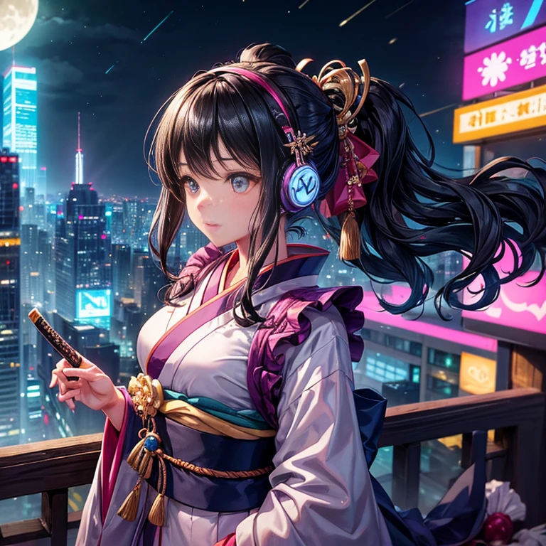 A single giant moon hangs over the neon-lit city of skyscrapers, shimmering and glowing. Amidst the hustle and bustle of the city, an animated girl in a colorful kimono with intricate patterns (she is pensive with a katana at the edge of a rooftop). She has short, wavy hair and headphones. She is listening to her favorite music as thunder rumbles in the distance. Cinematic city lights illuminate her face, highlighting her expressive eyes and the delicate details of her kimono. The Maid of Honor has short, slender black hair tied back in a tight pony.