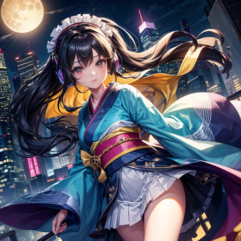 A single giant moon hangs over the neon-lit city of skyscrapers, shimmering and glowing. Amidst the hustle and bustle of the city, an animated girl in a colorful kimono with intricate patterns (she is pensive with a katana at the edge of a rooftop). She has short, wavy hair and headphones. She is listening to her favorite music as thunder rumbles in the distance. Cinematic city lights illuminate her face, highlighting her expressive eyes and the delicate details of her kimono. The Maid of Honor has short, slender black hair tied back in a tight pony.