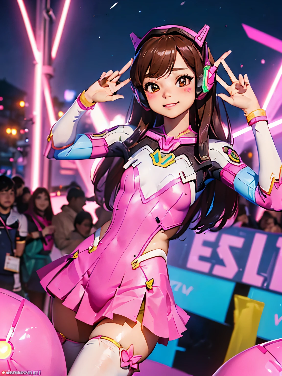 ((( masterpiece ))) ((( background = Cosplay conference : at night  : crowded  ))) ((( Character = girl : Tzuyu : Fit body : cosplaying as D.va (overwatch) : smilling : with other people )))