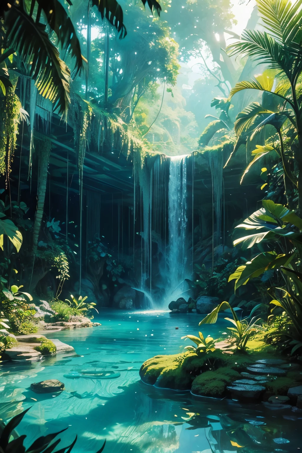 Masterpiece, best quality, (A massive crystal-clear cenote), Hidden deep within a lush tropical jungle, Ultra high resolution, Clear as glass, Reflecting the lush green foliage and vibrant colors of the surrounding nature, (Detailed texture of the crystal-clear water), Smooth and transparent, (Detailed texture of the jungle's vegetation), Realistic, Dense with life, Crisp and vivid colors, Nature at its finest, Illustration, Captivating scene, Exotic and mysterious, (Breathtakingly beautiful and intricately detailed).