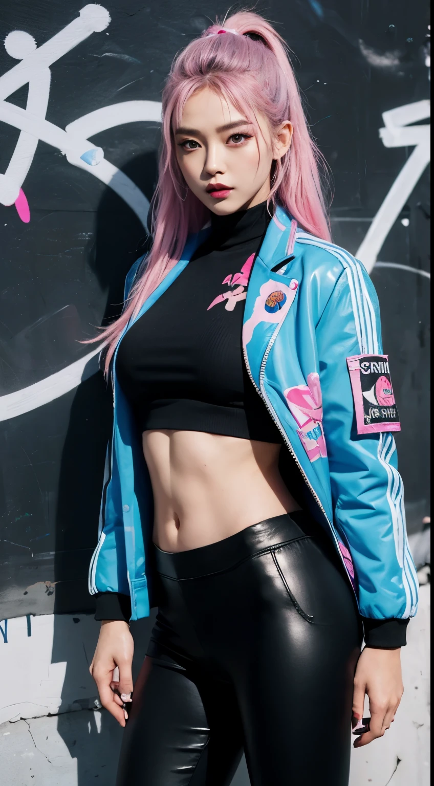 Realistic skin, best quality, Clarity, 4k, 8k, detail, actual, tattoed Girl, Korean makeup, black lips, pink and blue medium mullet hair, Perfect six pack body, stand, pose standing, medium chest, dark blazer top, black legging Pants, Solid graffiti wall background, Graffiti art,