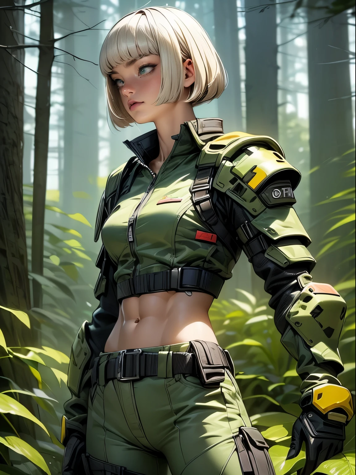 (((of the highest quality: 1.4))),(unparalleled masterpiece ever), (Ultra high definition),(Ultra realistic 8K CG), (((adult body))), (((1girl solo))), ((( Bob Shorthair ))), 25-year-old soldier, perfect body,,Beautiful and well-groomed face,muscular body:1.2,Detailed camouflage jacket, Camouflage tank top、is standing, (Image from head to thigh),(( White Blonde Bob Shorthair )), Simon Bisley's urban savage style,Detailed forest background,Clean abs, Complex equipment, dark green with white stars and gray and white stripe, Armor, Poison tattoo