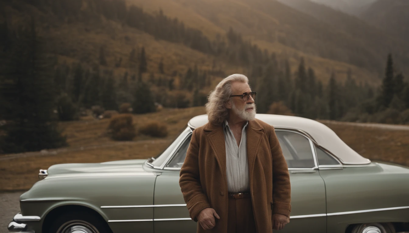 Make a vintage house front of house vintage cars , and there lion is sitting on the car and adult man smoking cigarette and in this hand lion belt old man wearing coat long hairs, wearing transperant glasses and in the baground mountains 