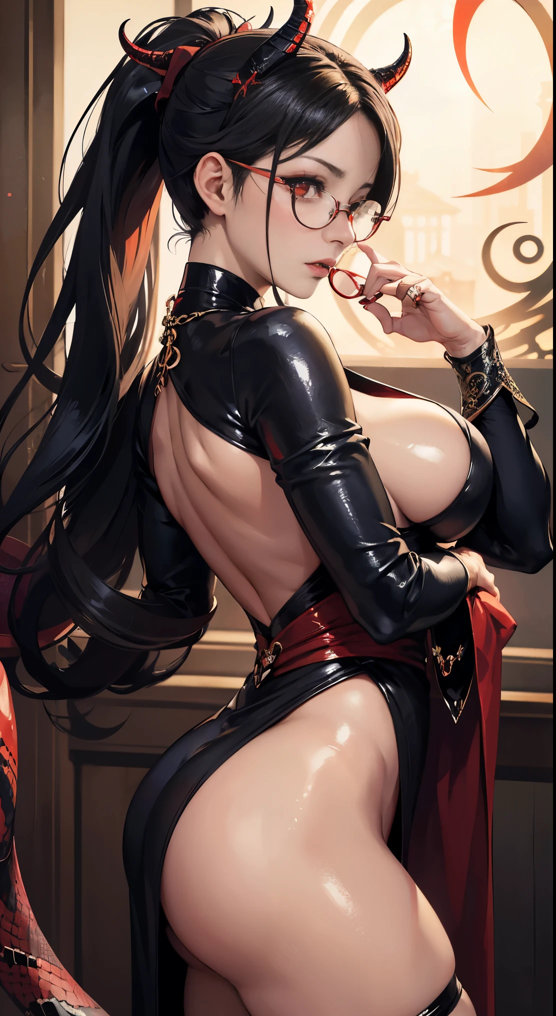 Are you okay、(best illustrations)、8k UHD resolution、intricate details、highest quality、realistic、super detailed、best lighting、best shadows、soft lighting、ultra hd、超realistic、Tyndall effect、Photoreal、(high detail skin:1.2)、 (intricate details, compensate, Pueros face_v1:0.5), (Detailed Beautiful and Delicate Face, Fine, beautiful and delicate eyes, perfectly proportioned face, high definition skin, fine skin, Optimal ratio of 4 fingers and 1 thumb, arm under chest, red tattoo on lower stomach、wow wow, wide hips, smooth abdomen, skin is thin and thin, __fashion__, __hair__:1.25)、Digital single-lens reflex camera、 absurd、A beautiful demon woman from hell, Surreal female portraits by David Hockney and Alphonse Mucha, Portrait of a seductive woman、fantasy art, chinese doll、Chinese actress、dungeon、dragon、devil's palace、devil's torture chamber、night、dark style 、in the dark、(detailed spooky background:0.8), magic、 1 girl、evil nun、dark necromancer、Succubus、devil's daughter、Shinonome Umi、bat wings,(((devil's horns)))、 ((((giant glasses, otaku glasses, thick glasses, round glasses)))),(((big breasts)))、(devil's tail)、(Red eyes glow:1.6)、Red eyes are very sharp and detailed, The eyes are made up very nicely, ((red eyes:1.0)),intricate tattoo, demonic intricate tattoo, thigh tattoo, body tattoo, masterpiece、the most beautiful face、baby face、cute smile、beautiful plump red lips、muscular seductive body、devil's enchanting body、devil style、Fascinating black magic costume、(((A shiny red snake is wrapped around her body)))、The long-haired、Braid、Black hair、Ponytail distortion、, Ponytail with a bow tied at the back of the hair, beautiful expression、body up、Large breasts emphasis、bust, super tight chest, Breast augmentation surgery, The breasts are very big and round,tight waist、wide ass、 low key, cowboy lens, (Black Phoenix Dress: 1.0), devil crown, red sparkling gemstone necklace、Jewelry G-Wise, wear black mesh socks,wearing a thin red and black robe, Hands pull the straps to expose sexy breasts, Protagonist Close-up, nffsw, nffsw, meet beautiful girls, look at the girl's body,(upper body portrait), Protagonist Close-up