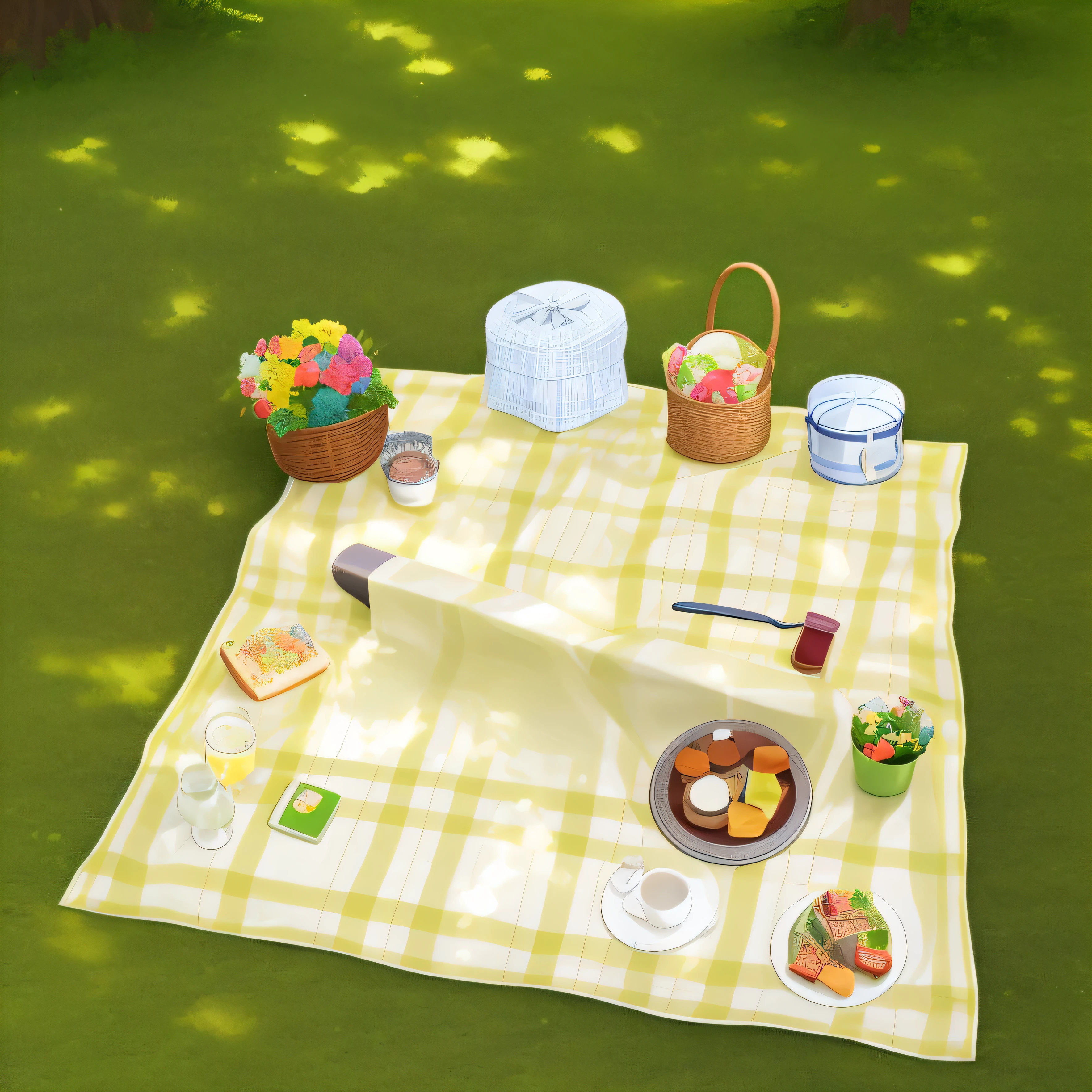 there is a picnic blanket on the grass with a basket and plates, picnic, having a picnic, forest picnic, outdoors mesa setting, people on a picnic, spot lit, scenic full shot, afternoon hangout, al fresco, unlit, on a yellow canva, beautiful sunny day, bright sunny day, summer setting, wide overhead shot, 35 mm product photo”