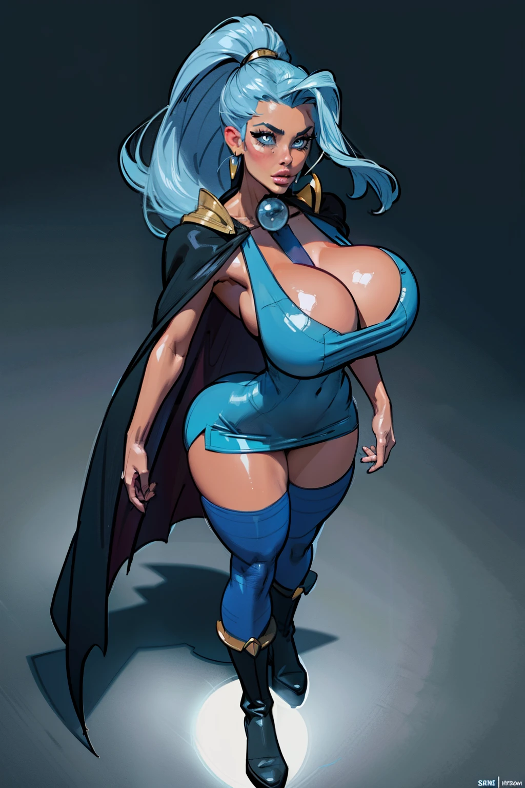 Generate an illustration of a mature Clair, gym leader of pokemon, ponytail, holding a poke all, de terno preto, long hair, hair flows straight down, darkblue hair, (gigantic breasts:1.4), blue outfit in anime format with a serious style, (black cape), blue tights, blue boots, gothic make up, masterpiece, ((dark lighting)), black background, (((puffy lips))),slendered abs, beautiful face,