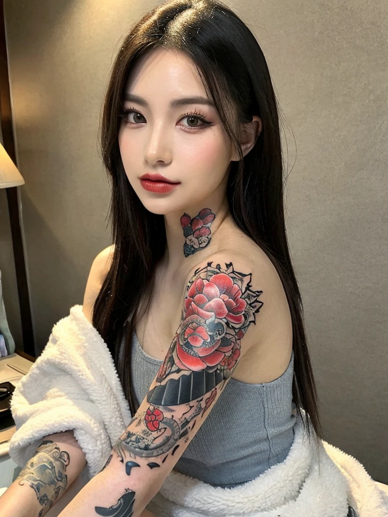 everyday daily look,  full body yakuza tattoo, Full body irezumi tattoo, Irezumi tattoo wrapping around the neck, selfie, Natural Pose