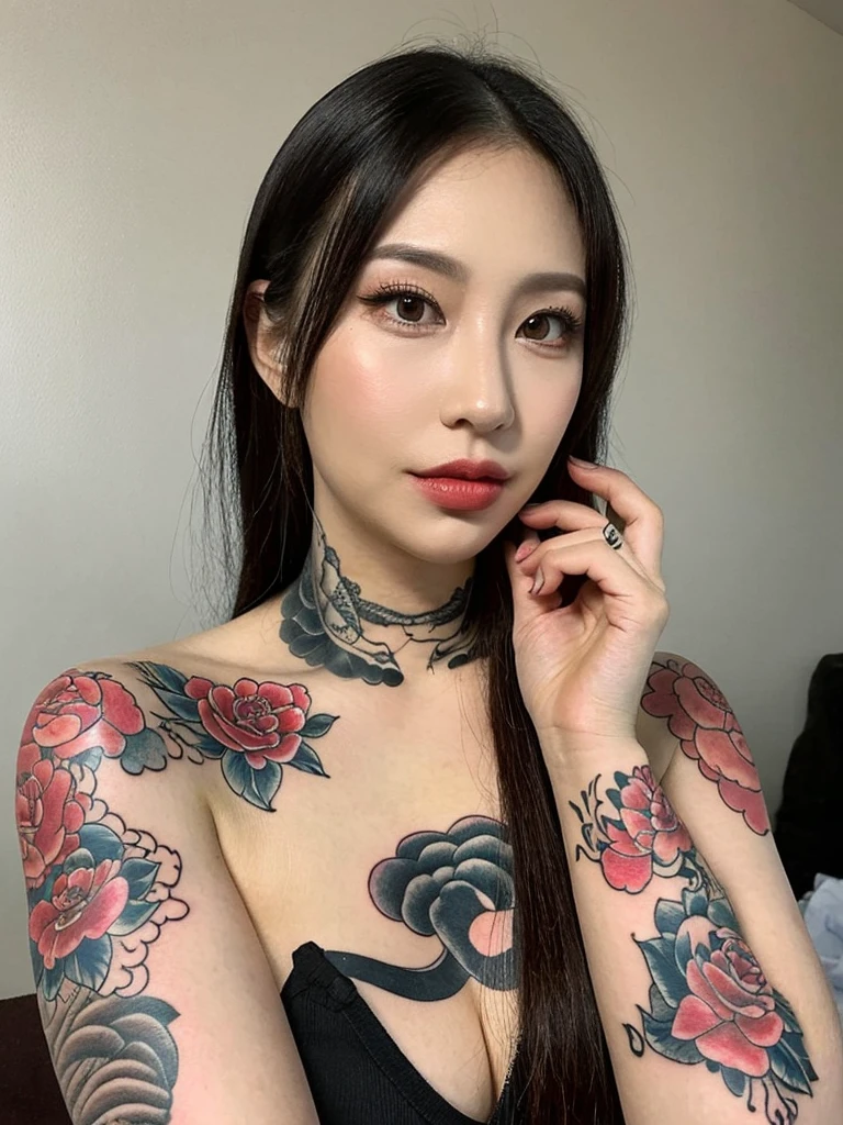 everyday daily look,  full body yakuza tattoo, Full body irezumi tattoo, Irezumi tattoo wrapping around the neck, selfie, Natural Pose