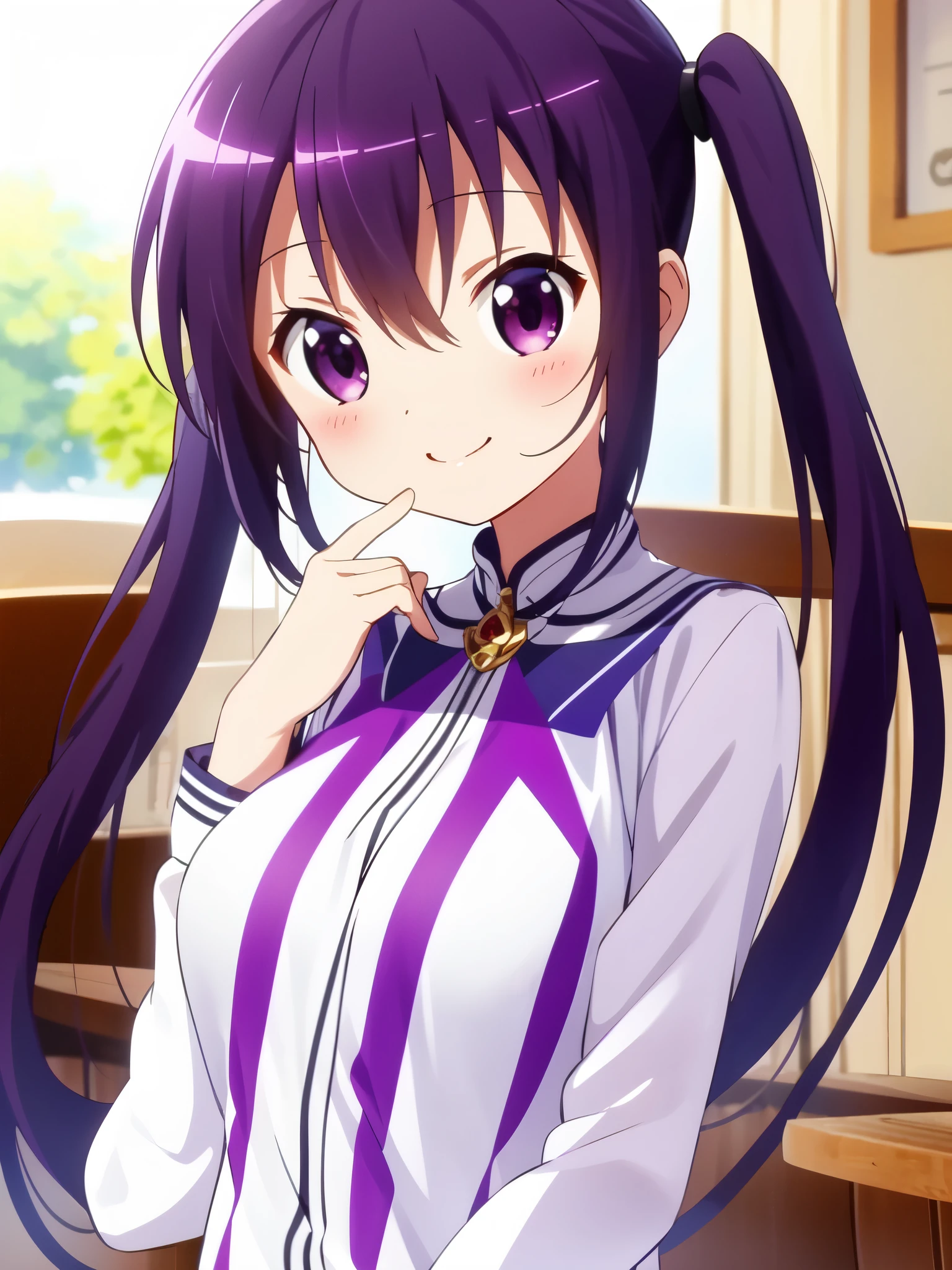 (masterpiece), ultra high resolution anime illustrations, perfect lighting, (perfect accurate :1.2), (nice hands, perfect hands), (kawaii:1.55), (detailed shiny big eyes:1.35), detailed background BREAK Tedeza Rise, purple hair, long hair, twintails, purple eyes, bangs, hair ornament, blush, hairclip, hair between eyes, large breasts, smile, full body, cowboy shot, coffee shop