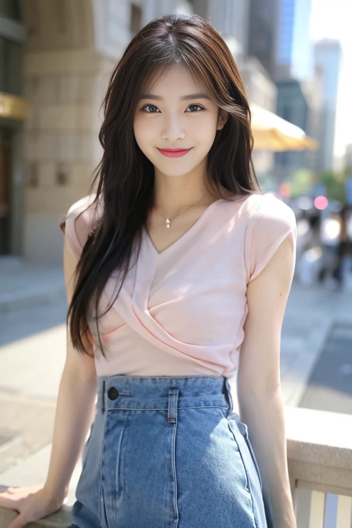 A beautiful woman with perfect eyes and nose、beauty like a model、モデルみたいにcute、eyes are double、How to use regular mascara、eye color is blue、hair color is pink、her face is delicate and elegant.、4K image、Beautiful style like a model、normal large、爽やかで素敵なsmile、Yellow blouse、plain orange mini skirt、pose like a model、Overall image、snap shot、glamorous、明るいsmile、Beautiful and delicate face like a model、highest quality、Masseter muscle part、Cityscape outside on a sunny day、gorgeous、Sexy 、model shoot、最高級のcute美女、smile、cute、beautiful、