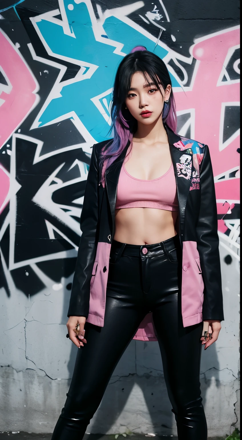 Realistic skin, best quality, Clarity, 4k, 8k, detail, actual, tattoed Girl, Korean makeup, black lips, pink and blue medium mullet hair, Perfect six pack body, stand, pose standing, medium chest, dark blazer top, black legging Pants, Solid graffiti wall background, Graffiti art,