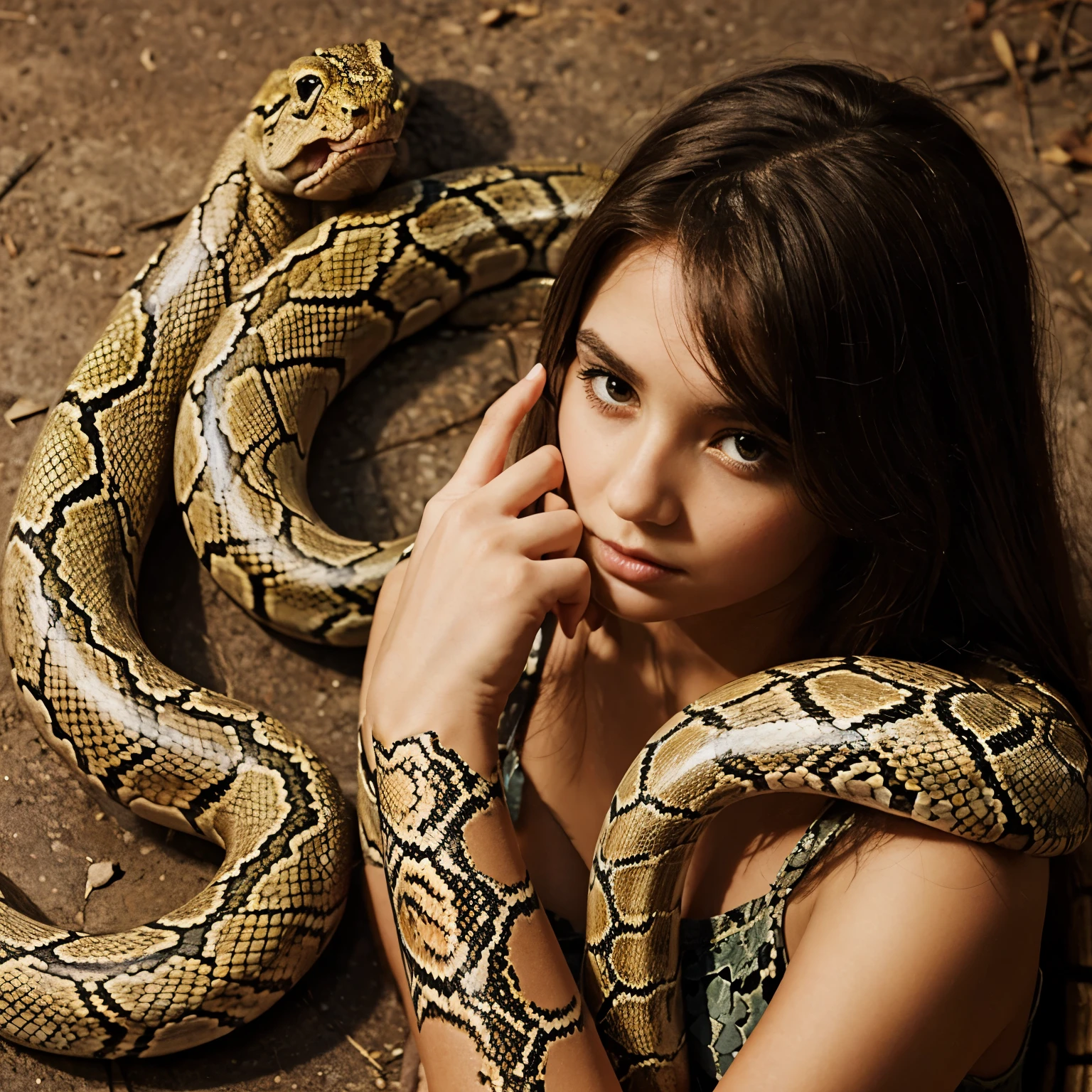 Draw the hand of a girl. with a snake crawling between her fingers