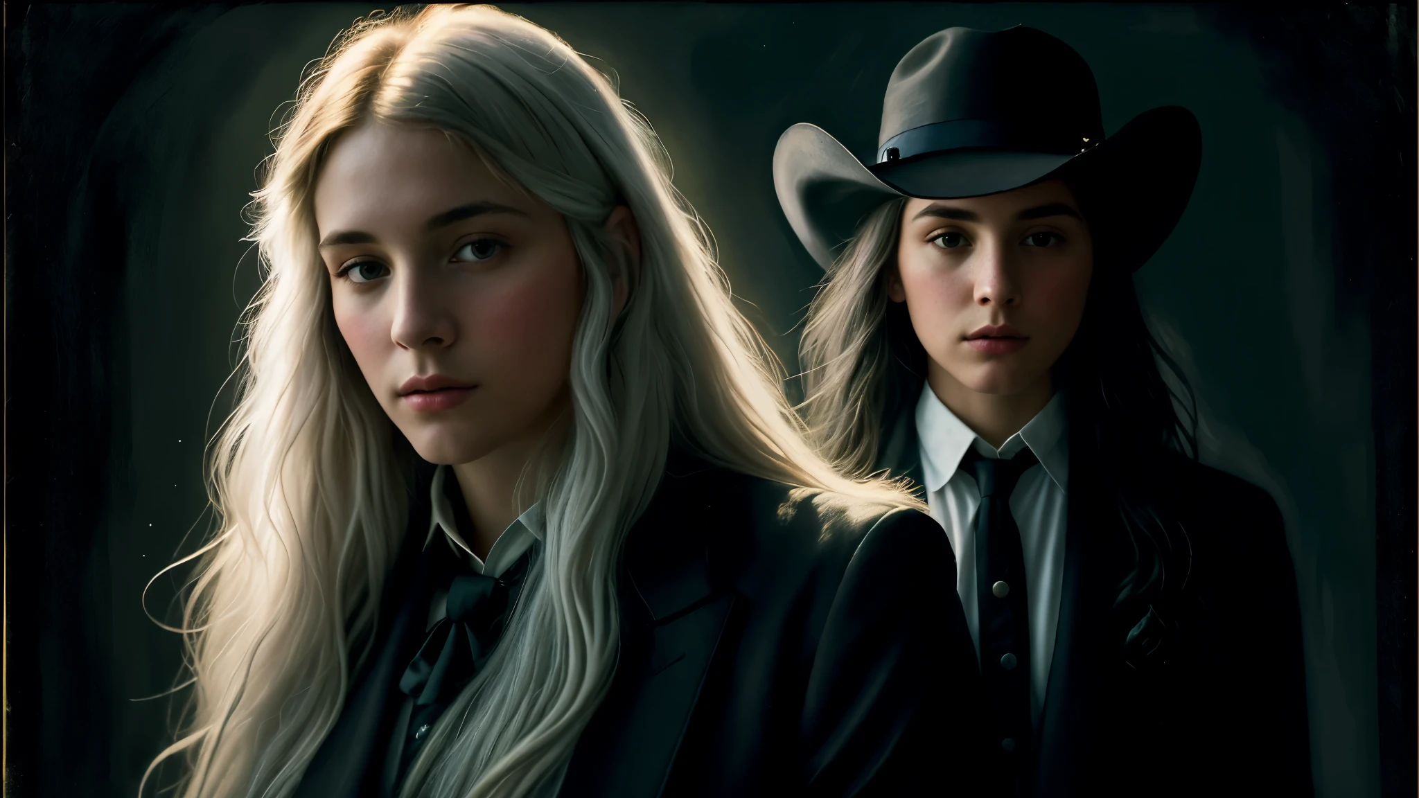 (front focus),(in the dark:1.6), Surreal Portraits of Women by David Hockney and Alphonse Mucha, fantasy art, Realistic photos, dynamic light, art station, poster, Volumetric light, The page is very detailed., 4 ก, won,, 1 girl, in the dark, deep shadow, low voice, cowboy shoot,(Formal clothing:1.4), long hair, white hair,