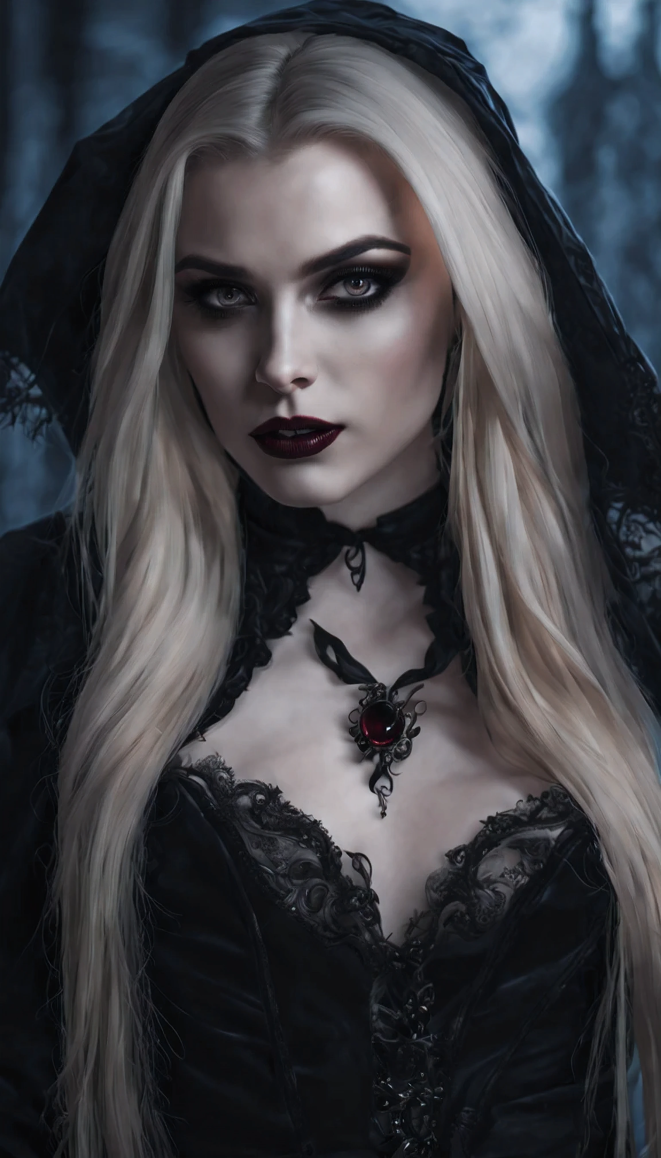 seductive vampire woman, Busty and long blonde hair, realism, pale skin, sharp fangs, dark eyes, loose hair, Gothic attire, Canon,4K, mysterious, Gothic, Sexy beautiful vampire girl, high quality 8k image, detailed image 16K.