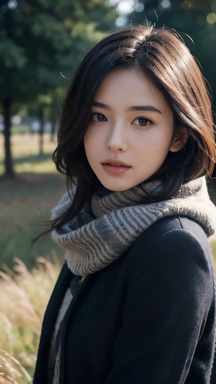 8k, best quality, masterpiece, actual, Ultra-detailed, photo actual, quality improvement,
Photo of a girl wearing a scarf standing in a field, Dark and brooding designer style, lots of quality, Photo display, calm face, jagged edges, navy, natural beauty, close-up