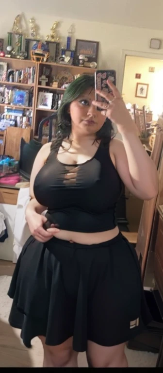 there is a woman taking a picture of herself in a mirror, she has a jiggly fat round belly, her belly is fat and round, 2 , 18 years old, her belly button is exposed, 2 3 years oldhoto, 21 years old, she is wearing a black tank top, she is about 2 0 years old, Big tits, huge tits, no clothes, sexy, cute, wide hips, thick thighs, pear-shaped body, minimal clothes, thick, bbw, chubby stomach, thick nipples, nipple piercings, large areola, hard nipples, piercing through shirt, nipples hard through shirt, busty, major cleavage, naked, ripping through top,  spilling over sides, bra too tight, giant tits, dominatrix, dominatrix clothes, huge belly
