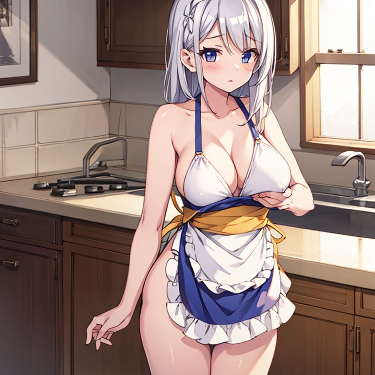 1girl, naked, apron, boob