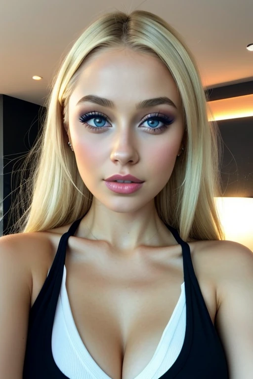 blond woman posing in a club with matching tank top and skirt, Sexy girl with blue eyes, Portrait of Sophie Mudd, Hintergrund verwischen, best quality, 1girl, portrait of corinna kopf, blonde hair and big eyes, Selfie einer jungen Frau, Orniges Make-up, natural makeup, Schauen Sie direkt in die Kamera, Gesicht mit Artgram, Decent makeup, Great full body photo, Im Raum sein, big breast, blond, Latina