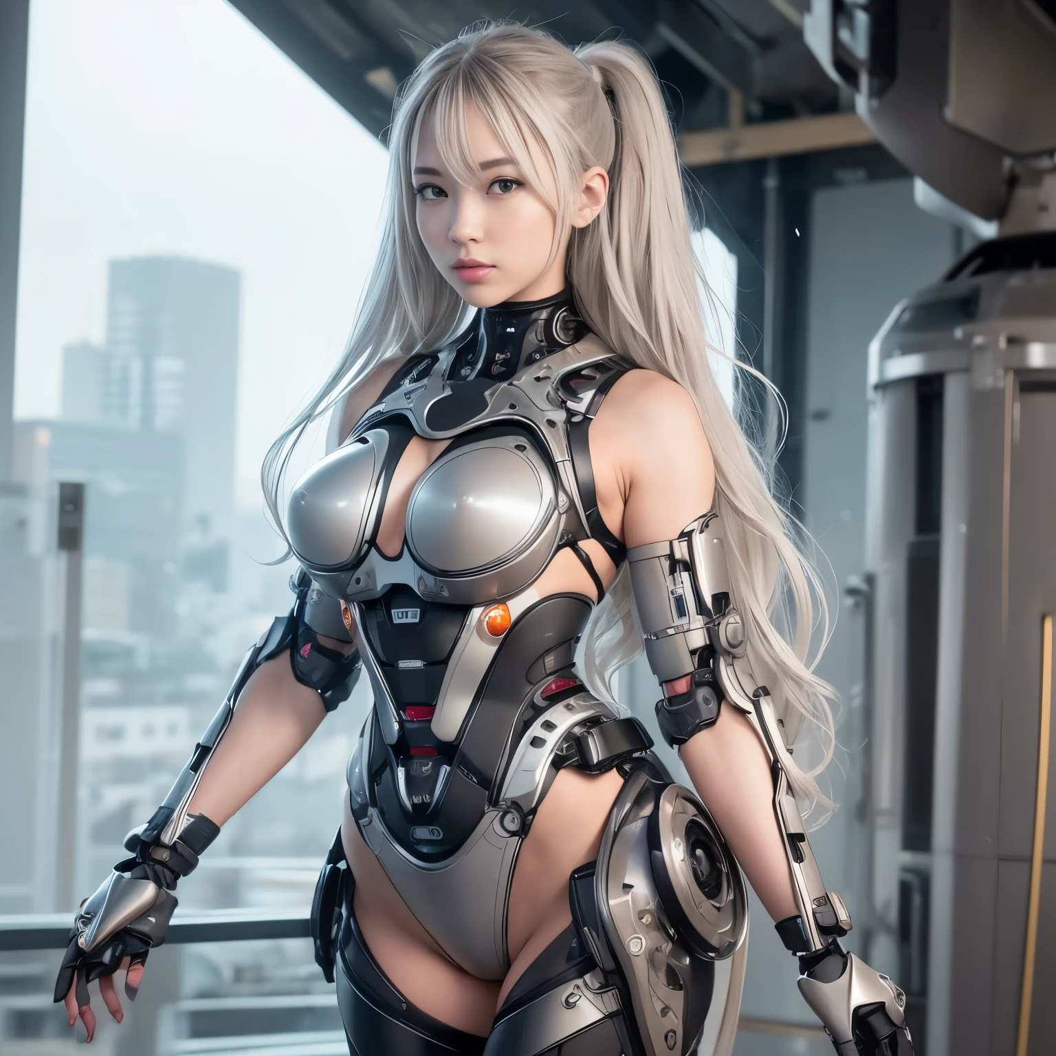 beautiful face,Facing Japan, 1 female, big, Curvaceous, (16k, RAW photo, highest quality, masterpiece: 1.2), (HDR, realistic, realistic: 1.37) (Tube attached to the body), (Bikini Cyborg Robot Parts)))), (light gray hair), long hair, wavy hair, twin tails, medium shot, ( enchanting smile)), (black eye), double eyelid, princess cut, from below, (whole body),take a pose,,In the laboratory,( Mechanical vertebrae attached to the back with tubes connected to blood vessels)),((Mechanical neck attached to the neck)),(Wires and cables mounted on the head and body),(character focus),,perfect woman image,完璧なanatomy, anatomy, whole bodyショット, Up to four fingers to one thumb relationship, spherical joint,