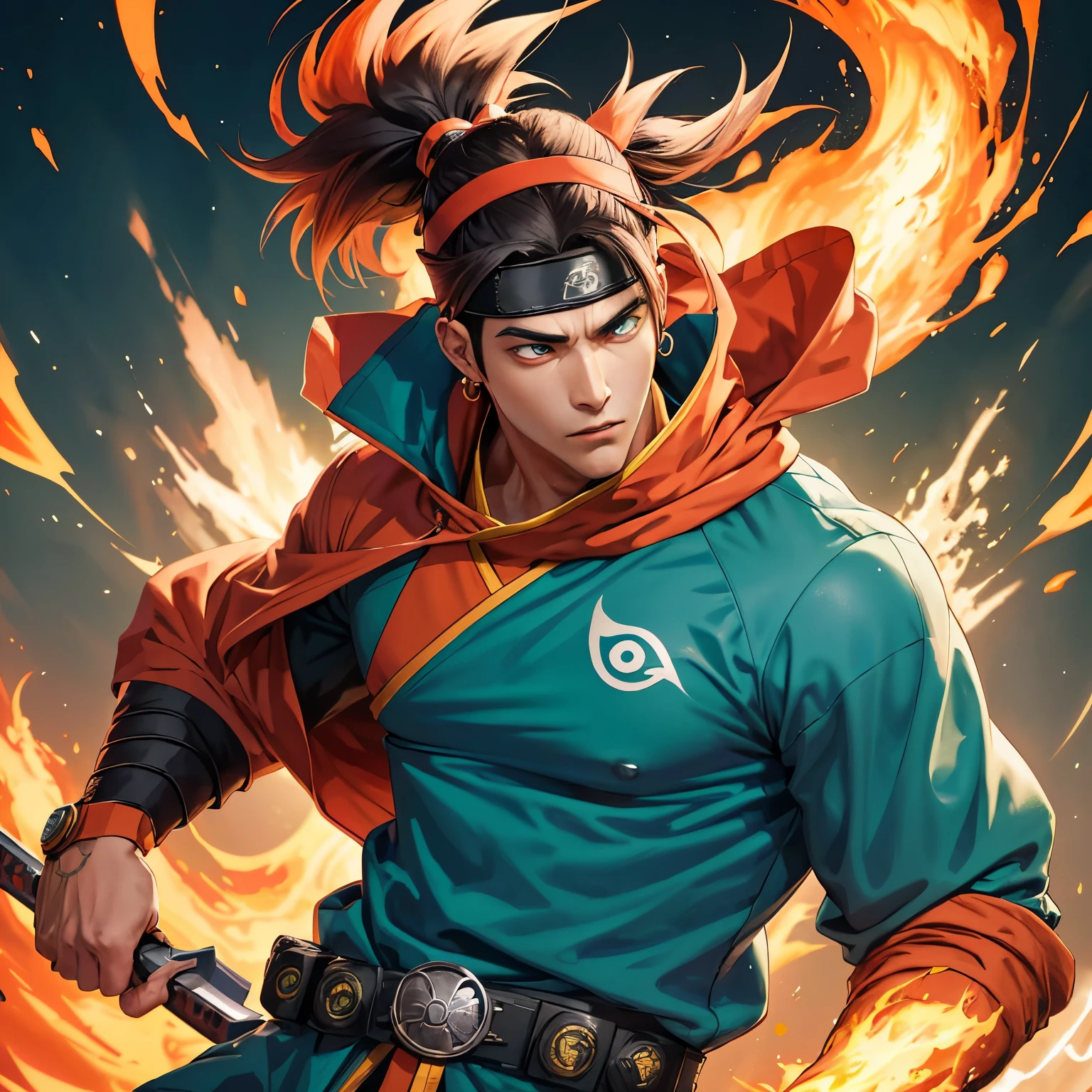 (Best quality, 4k, 8k, highres, masterpiece: 1.2), ultra-detailed,
A Naruto-themed outfit for a boy comes to life in this professional, vibrant piece of art. Anime style brings playfulness to every line and curve, showcasing every detail in the highest resolution possible.

The boy's outfit boasts bold colors and sharp focus, from the leaf village symbol on his chest to the seamless blending of colors in his stylized hair. His expression is full of energy and focus, with strong lighting accentuating every muscle and feature.

The eye-catching cosplay includes a ninja headband, athlet