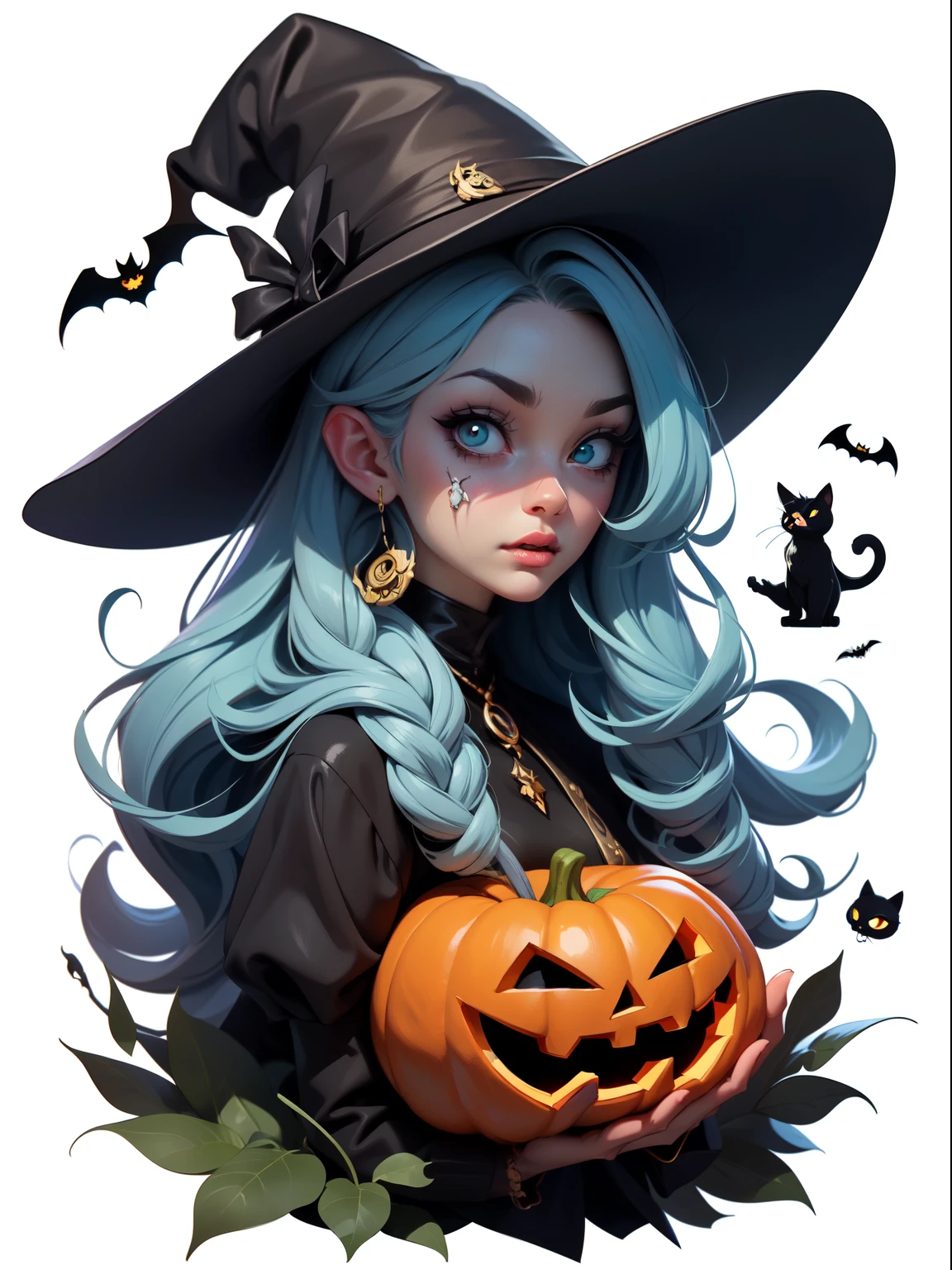 High quality design vector style image, t-shirt print style, graphic art white background of a Halloween style witch, bright and realistic colors, old style witch with a pointy hat, nose with a wart and a black cat at her side, fantasy style scenery halloween