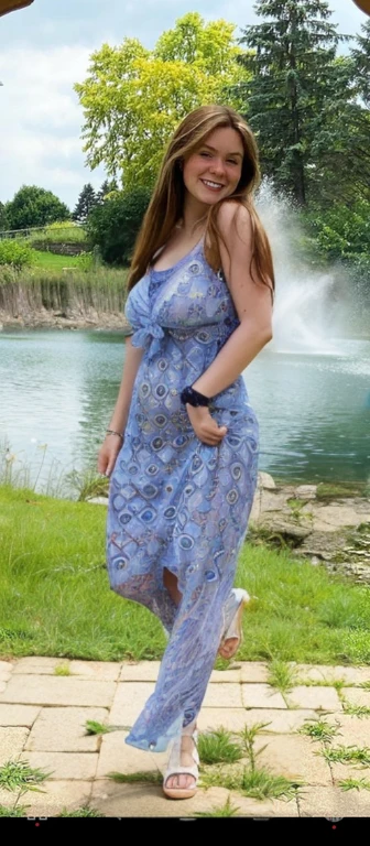 arafed woman in a blue dress standing in front of a pond, wearing a flowing sundress, wearing a flowing dress, wearing in a summer dress, long blue dress, flowing dress, blue swirling dress, wearing a long flowery dress, wearing sundress, wearing a long flowy fabric, sundress, cute sundress, Big tits, huge tits, no clothes, sexy, cute, wide hips, thick thighs, pear-shaped body, minimal clothes, thick, bbw, chubby stomach, thick nipples, nipple piercings, large areola, hard nipples, piercing through shirt, nipples hard through shirt, busty, major cleavage, naked, ripping through top, spilling over sides, bra too tight, giant tits