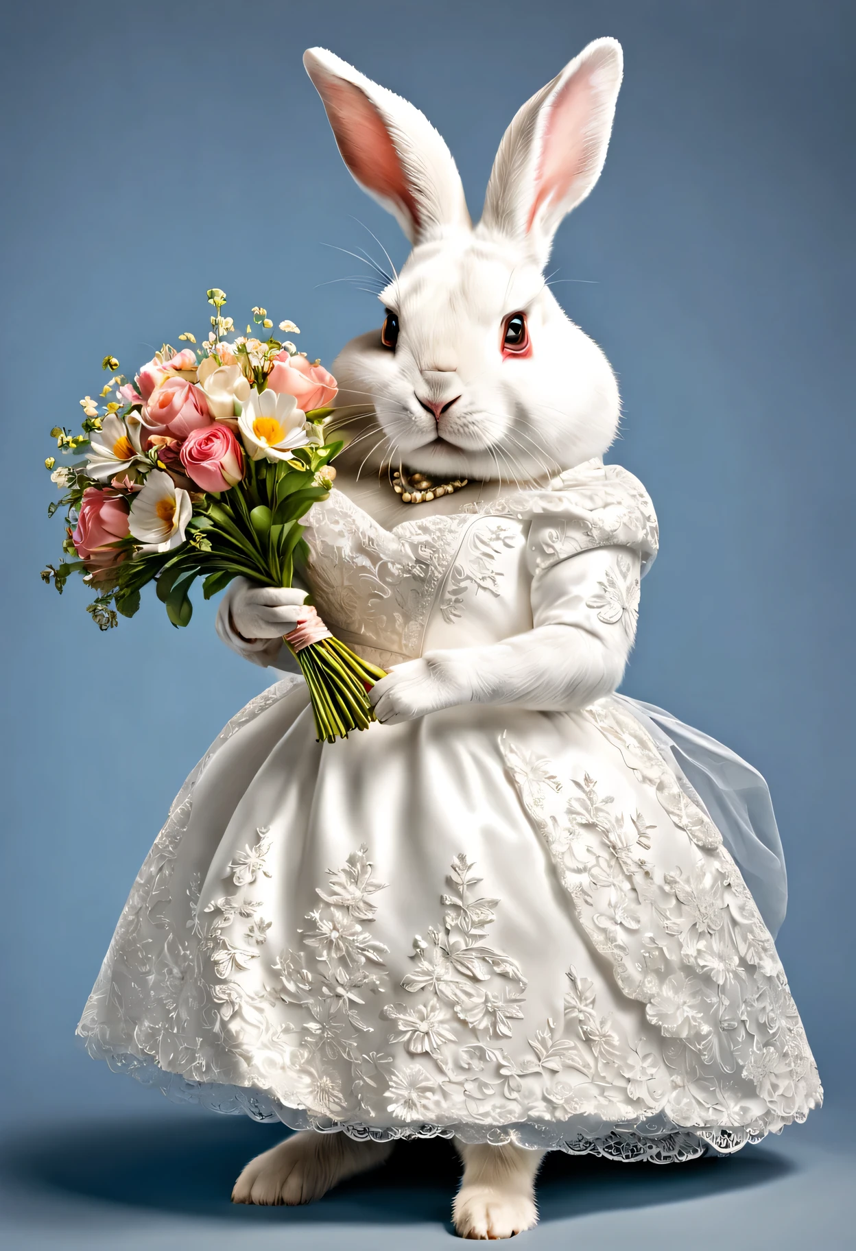 photorealistic portrait of Dressed animals - a fat white rabbit bride,(dynamic action pose), high quality,(lovely) ,intricate details, highly detailed ((wedding dress)) ,highly detailed ,holding flower bouquet, (happy), studio lighting,(full body image:1.5)