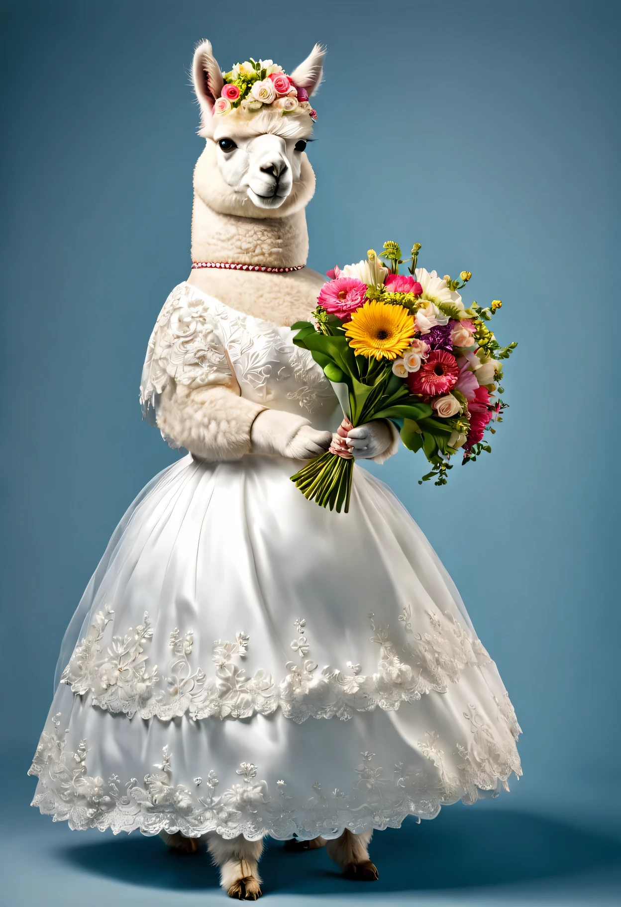 photorealistic portrait of Dressed animals - a fat white alpaca bride,(dynamic action pose), high quality,(lovely) ,intricate details, highly detailed ((wedding dress)) ,highly detailed ,holding flower bouquet, (happy), studio lighting,(full body image:1.5)