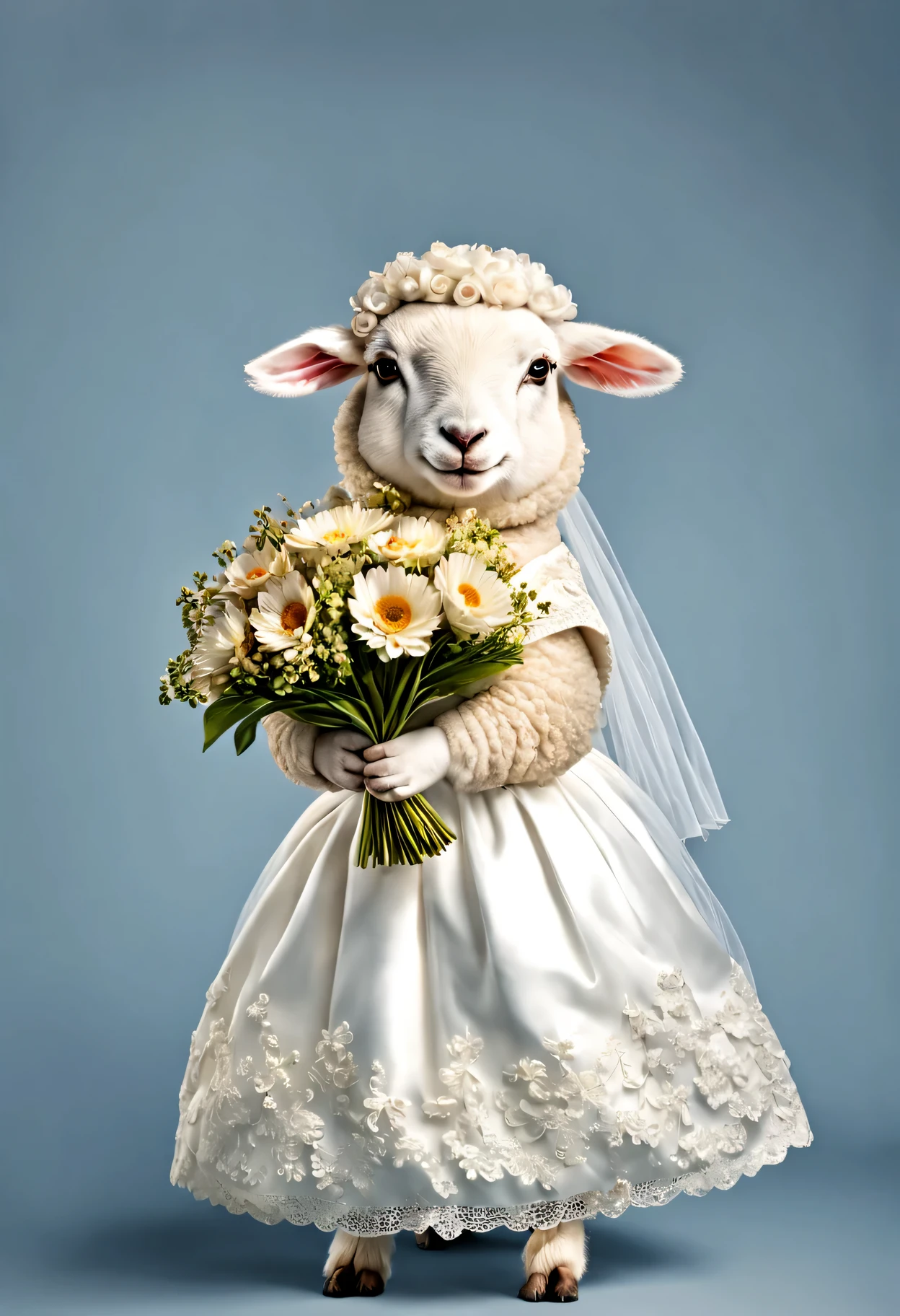 photorealistic portrait of Dressed animals - a fat baby sheep bride,(dynamic action pose), high quality,(lovely) ,intricate details, highly detailed ((wedding dress)) ,highly detailed ,holding flower bouquet, (happy), studio lighting,(full body image:1.5)