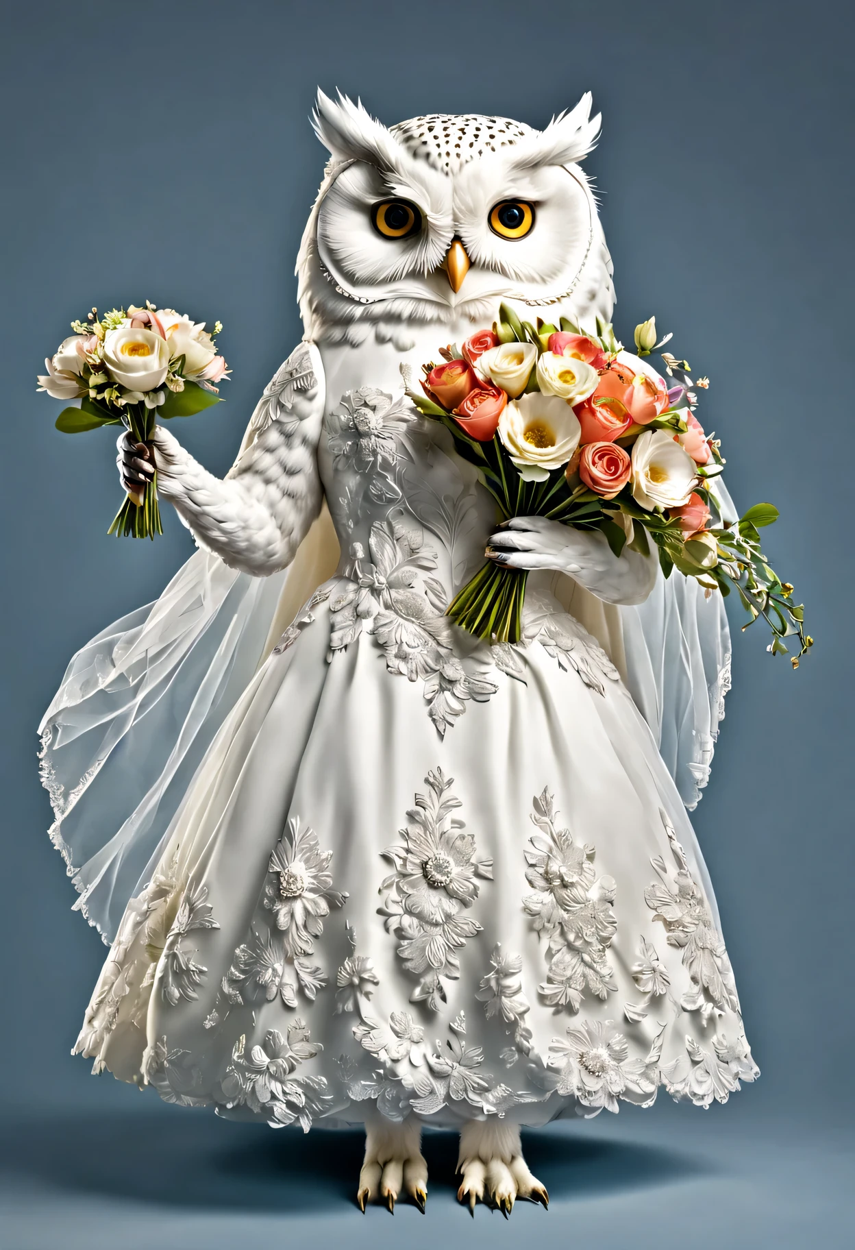 photorealistic portrait of Dressed animals - a fat white owl bride,(dynamic action pose), high quality,(lovely) ,intricate details, highly detailed ((wedding dress)) ,highly detailed ,holding flower bouquet, (happy), studio lighting,(full body image:1.5)