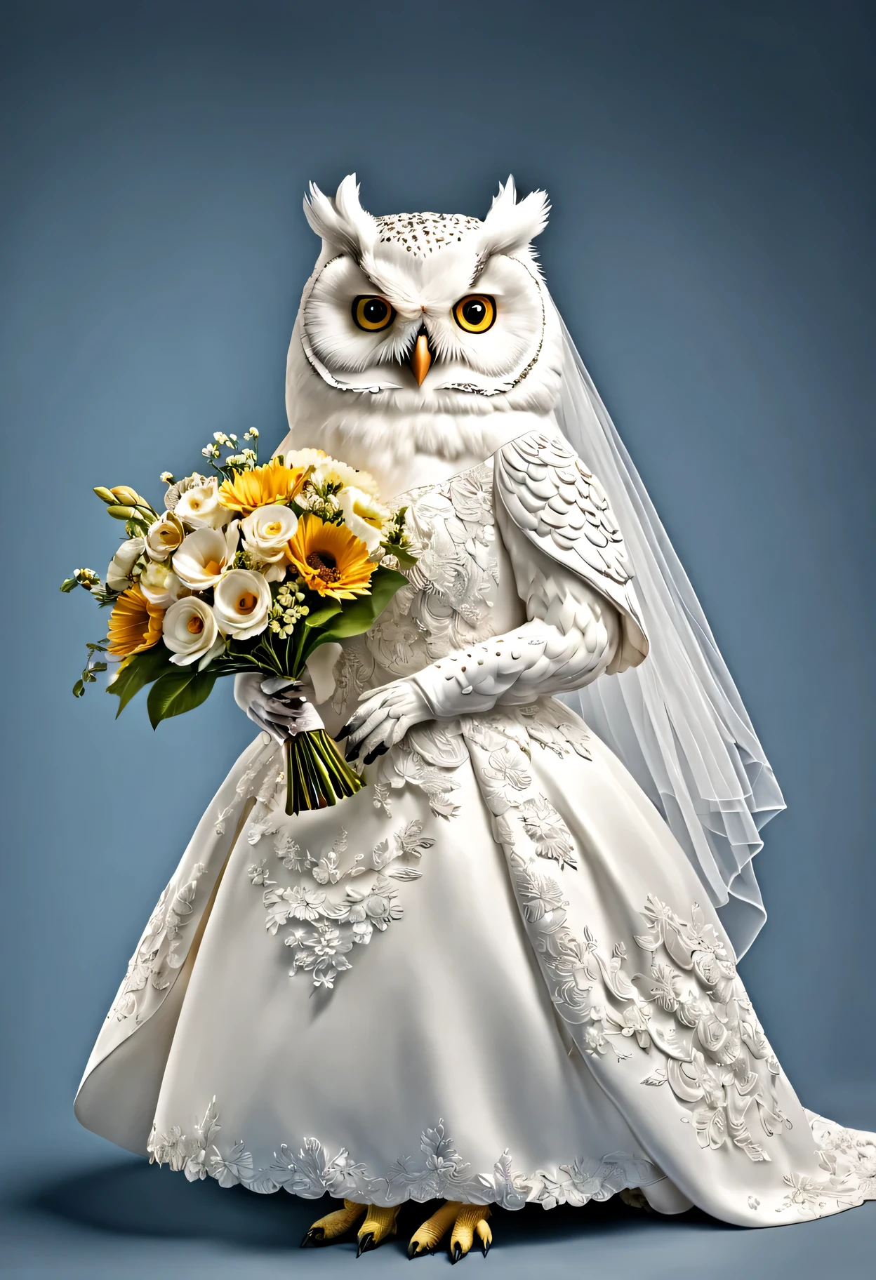 photorealistic portrait of Dressed animals - a (fat) white owl bride,(dynamic action pose), high quality,(lovely) ,intricate details, highly detailed ((wedding dress)) ,highly detailed ,holding flower bouquet, (happy), studio lighting,(full body image:1.5)