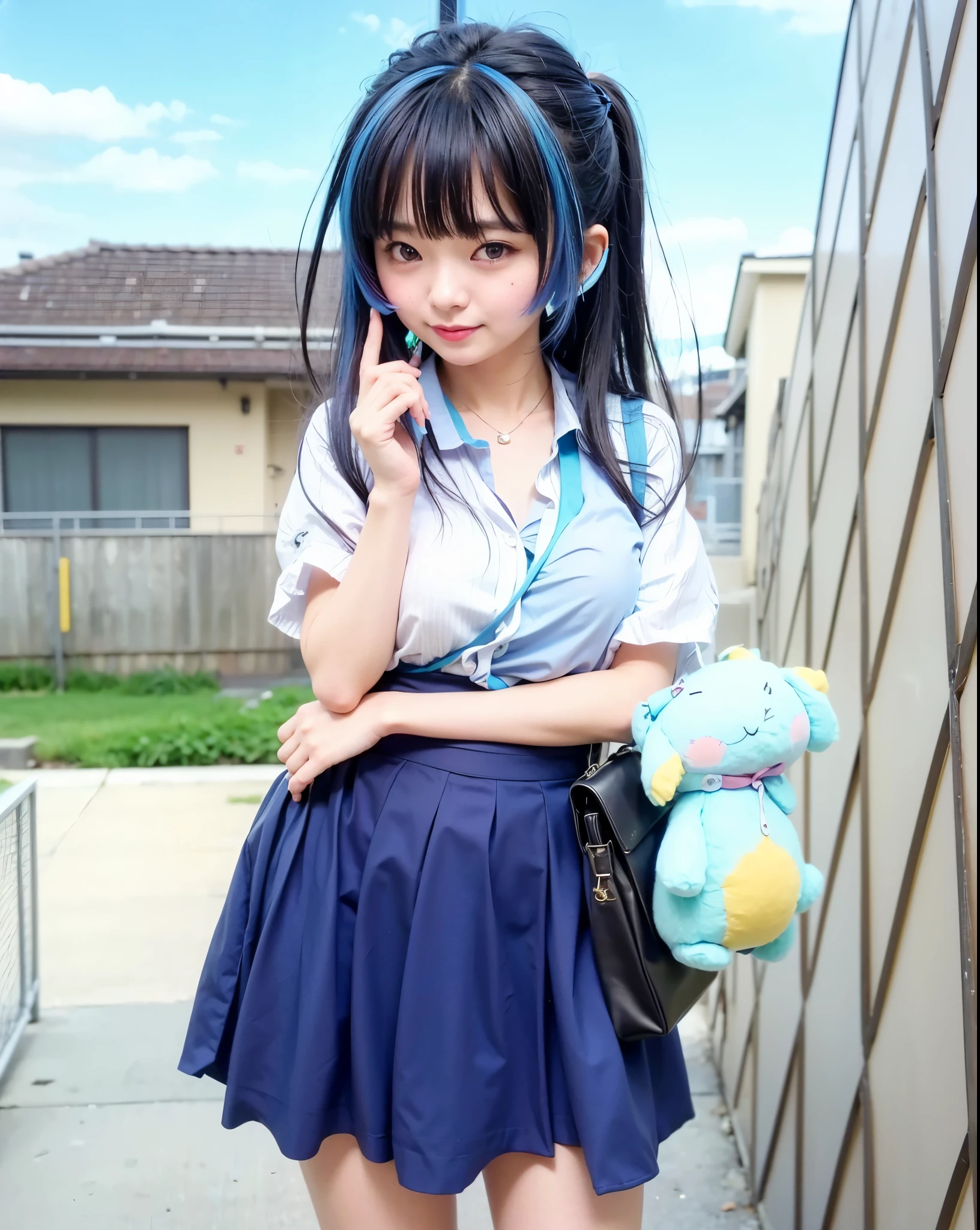 A cute girl around 7 、face close up、M-shaped spread legs、rainbow colored hair、iridescent eyes、outside the house、