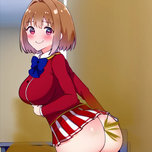 1 girl、red uniform、white mini skirt、Blue bow tie、big breasts、school classroom、brown hair、white inner、fart、a lot of gas、Satisfied smile、put pressure on your face、blush、shyness、Gas comes out of the butt