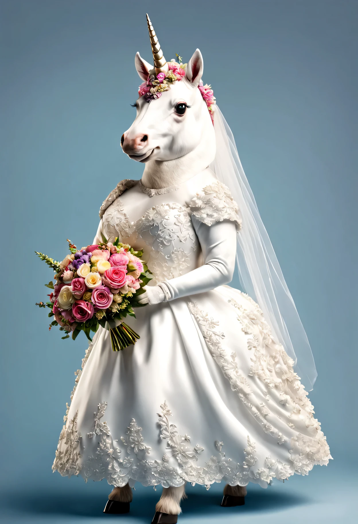 photorealistic portrait of Dressed animals - a fat unicorn bride,(dynamic action pose), high quality,(lovely) ,intricate details, highly detailed ((wedding dress)) ,highly detailed ,holding flower bouquet, (happy), studio lighting,(full body image:1.5)