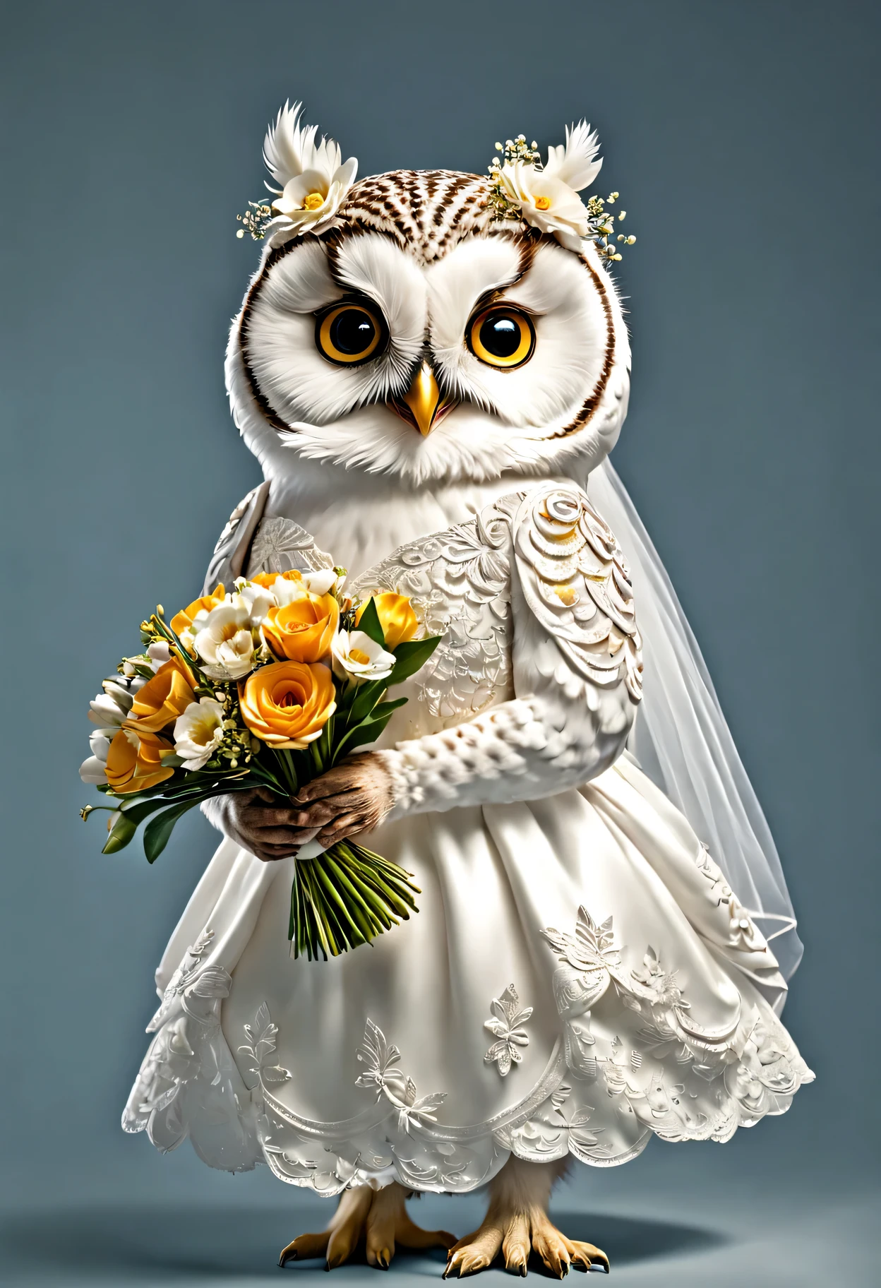 photorealistic portrait of Dressed animals - a fat baby owl bride,(dynamic action pose), high quality,(lovely) ,intricate details, highly detailed ((wedding dress)) ,highly detailed ,holding flower bouquet, (happy), studio lighting,(full body image:1.5)