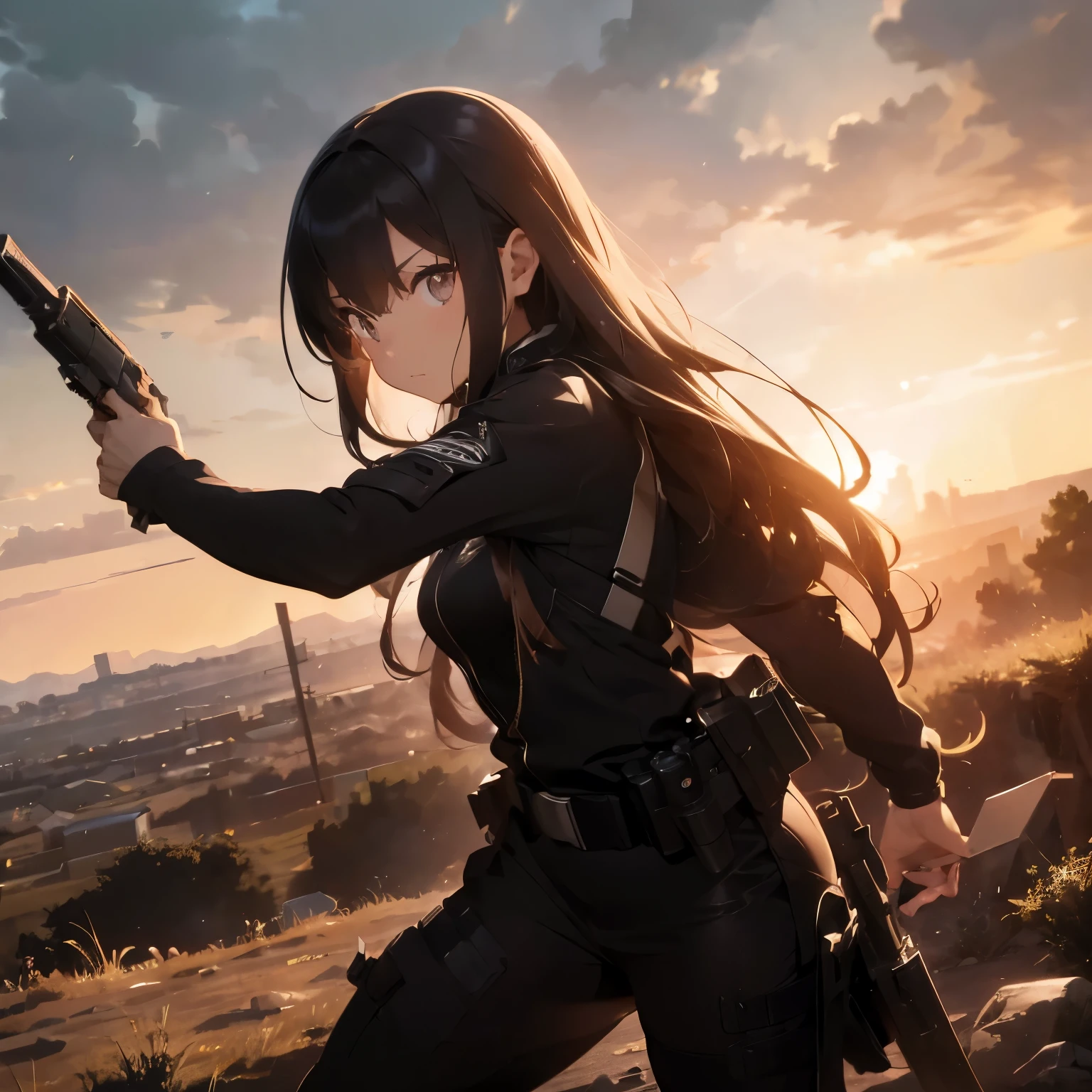 A (long-haired female agent)1.2 in action pose, wearing (tactical suit)1.4, (long hair flowing)1.2, (determined expression)1.3, analog style nofilter selfie, posing in a (battle scene)1.2, (backlit)1.2, (film grain)1.2, cinematic movie still frame, combat boots, weapon in hand.