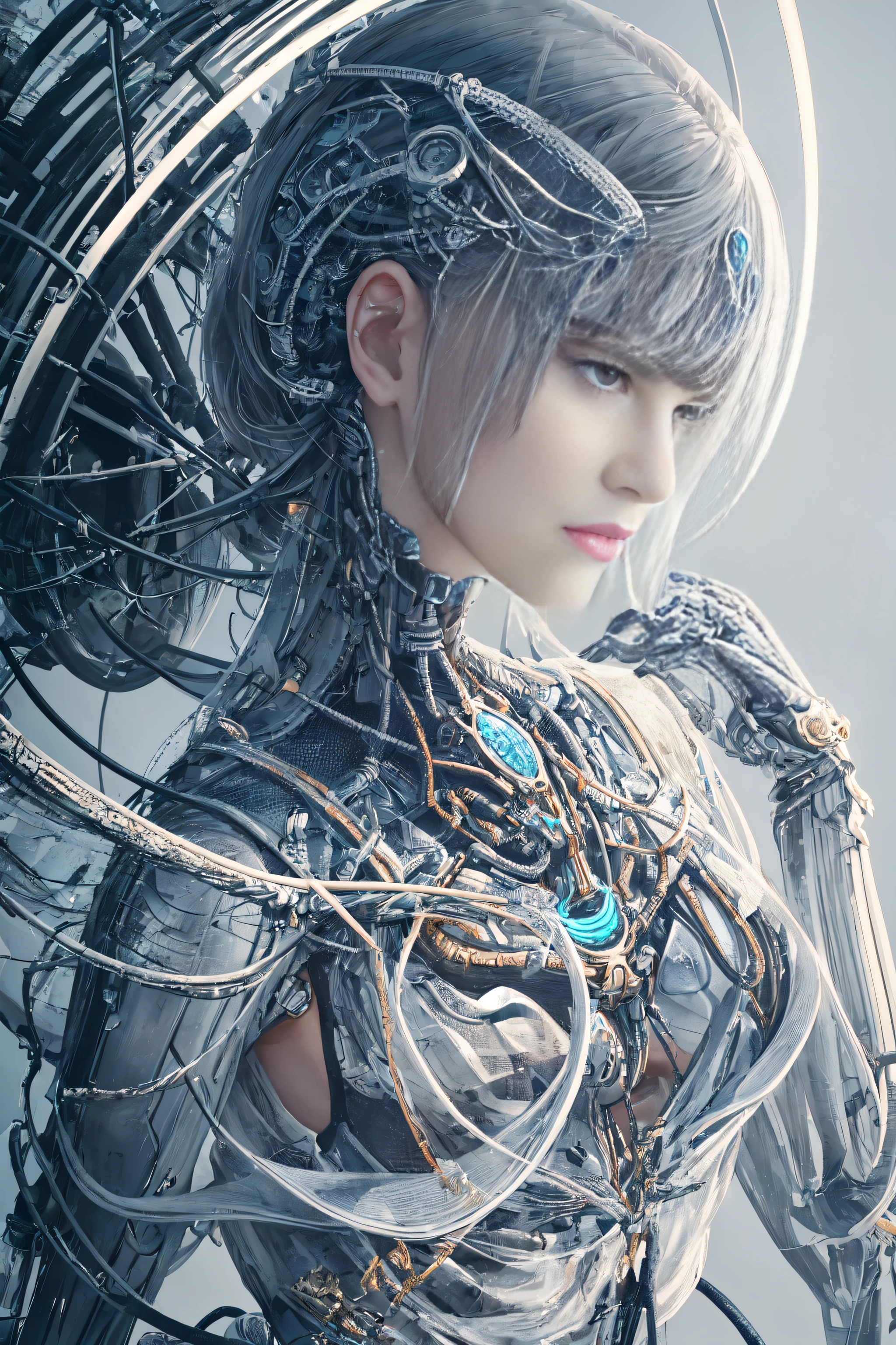 complex 3d render ultra detailed of a beautiful porcelain profile woman android face, cyborg, robotic parts, 150 mm, beautiful studio soft light, rim light, vibrant details, luxurious cyberpunk, lace, hyperrealistic, anatomical, facial muscles, cable electric wires, microchip, elegant, beautiful background, octane render, H. R. Giger style, 8k, best quality, masterpiece, illustration, an extremely delicate and beautiful, extremely detailed ,CG ,unity ,wallpaper, (realistic, photo-realistic:1.37),Amazing, finely detail, masterpiece,best quality,official art, extremely detailed CG unity 8k wallpaper, absurdres, incredibly absurdres,  robot, silver halmet, full body