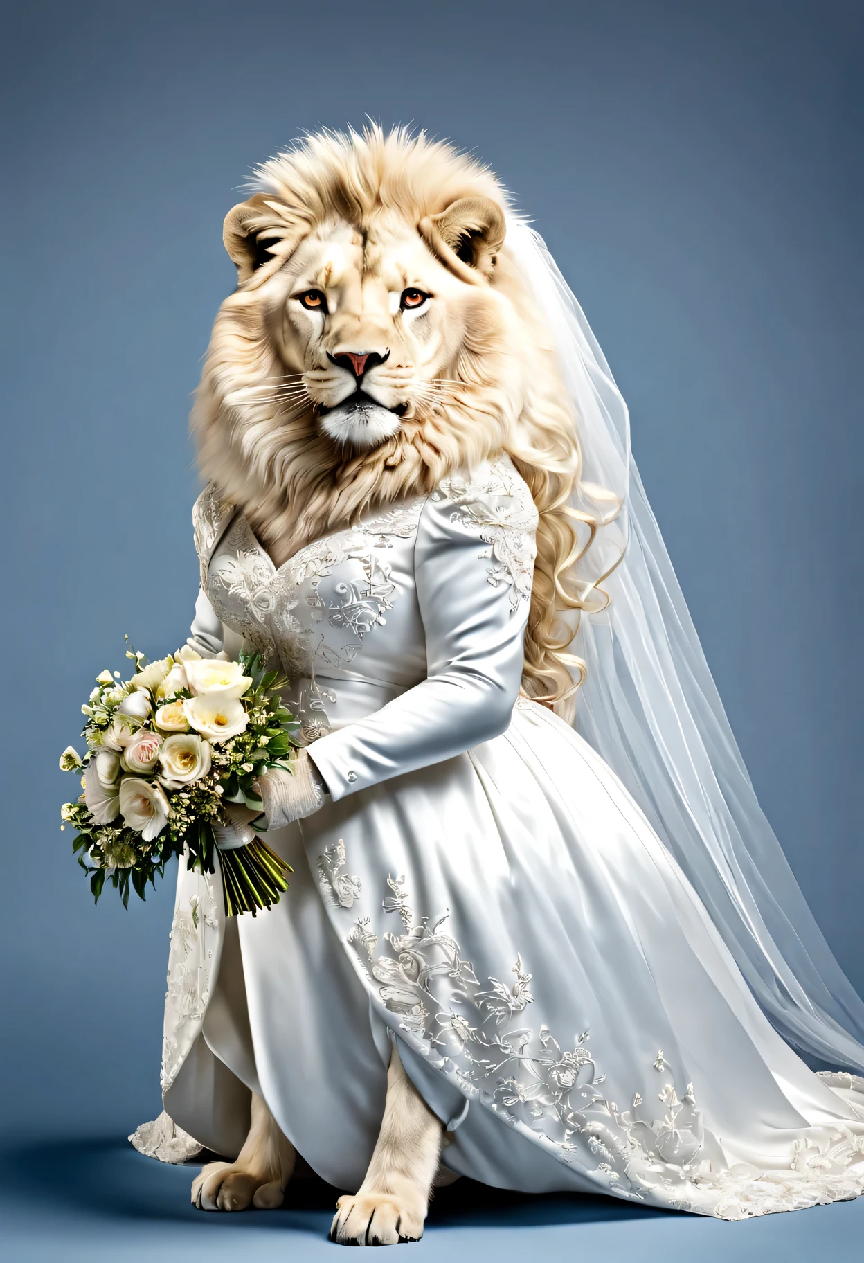 photorealistic portrait of Dressed animals - a fat white lion bride,(dynamic action pose), high quality,(lovely) ,intricate details, highly detailed ((wedding dress)) ,highly detailed ,holding flower bouquet, (happy), studio lighting,(full body image:1.5)