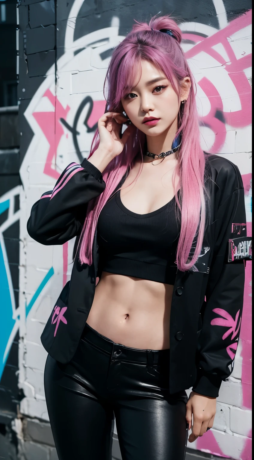 A 10 year old girl with colorful vibrant hairstyle, wearing a black cat hat, large breasts, and Her gorgeous eyes are looking upwards to her left with a soft expression. She has tattoos visible on her arms and face. She's dressed in a green camouflage jacket over a pink top, ultra hd, 8k detailed