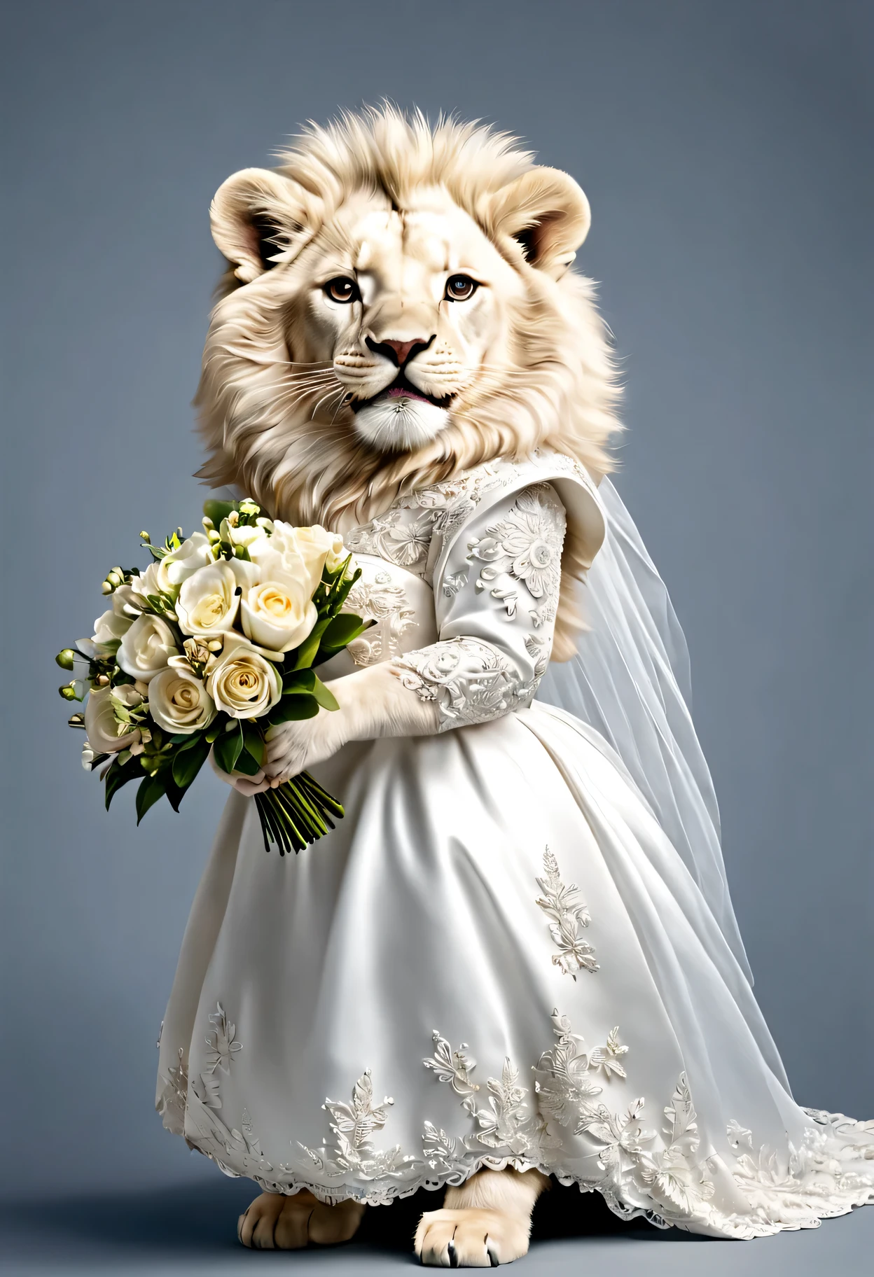 photorealistic portrait of Dressed animals - a fat baby white lion bride,(dynamic action pose), high quality,(lovely) ,intricate details, highly detailed ((wedding dress)) ,highly detailed ,holding flower bouquet, (happy), studio lighting,(full body image:1.5)