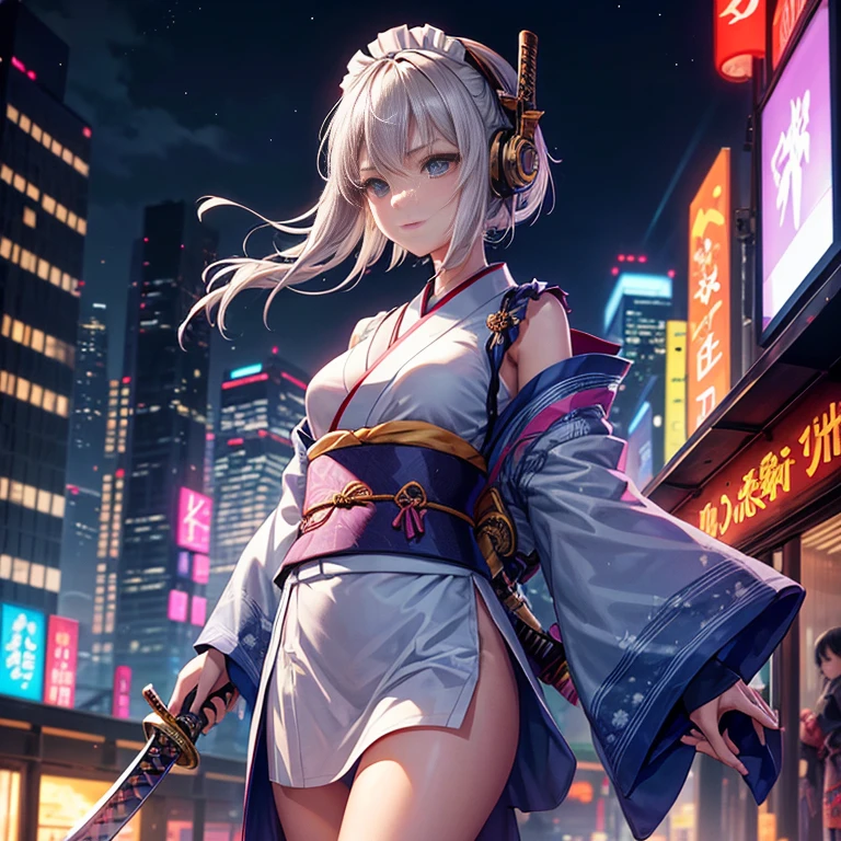 A single giant moon hangs over the neon-lit city of skyscrapers, shimmering and glowing. Amidst the hustle and bustle of the city, an animated girl in a colorful kimono with intricate patterns (she is pensive with a katana at the edge of a rooftop). (((Weapon, katana, holding katana))), short wavy hair and headphones. She is listening to her favorite music as thunder rumbles in the distance. Cinematic city lights illuminate her face, highlighting her expressive eyes and the delicate details of her kimono. The Maid of Honor's short, slender platinum hair sways in the wind.