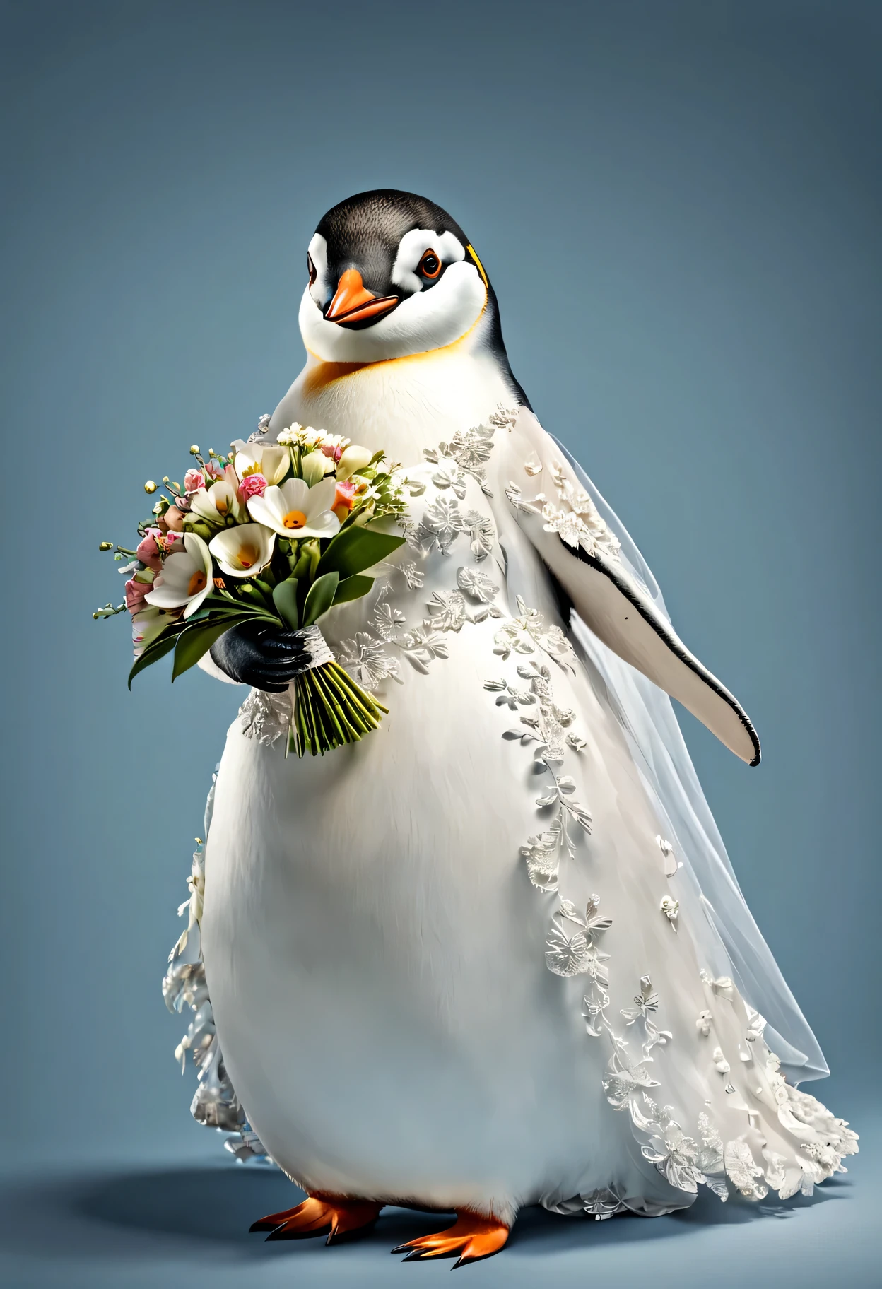photorealistic portrait of Dressed animals - a fat penguin bride,(dynamic action pose), high quality,(lovely) ,intricate details, highly detailed ((wedding dress)) ,highly detailed ,holding flower bouquet, (happy), studio lighting,(full body image:1.5)