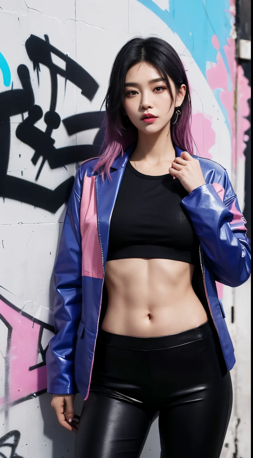 Realistic skin, best quality, Clarity, 4k, 8k, detail, actual, tattoed Girl, Korean makeup, black lips, pink and blue medium mullet hair, Perfect six pack body, stand, pose standing, medium chest, dark blazer top, black legging Pants, Solid graffiti wall background, Graffiti art,