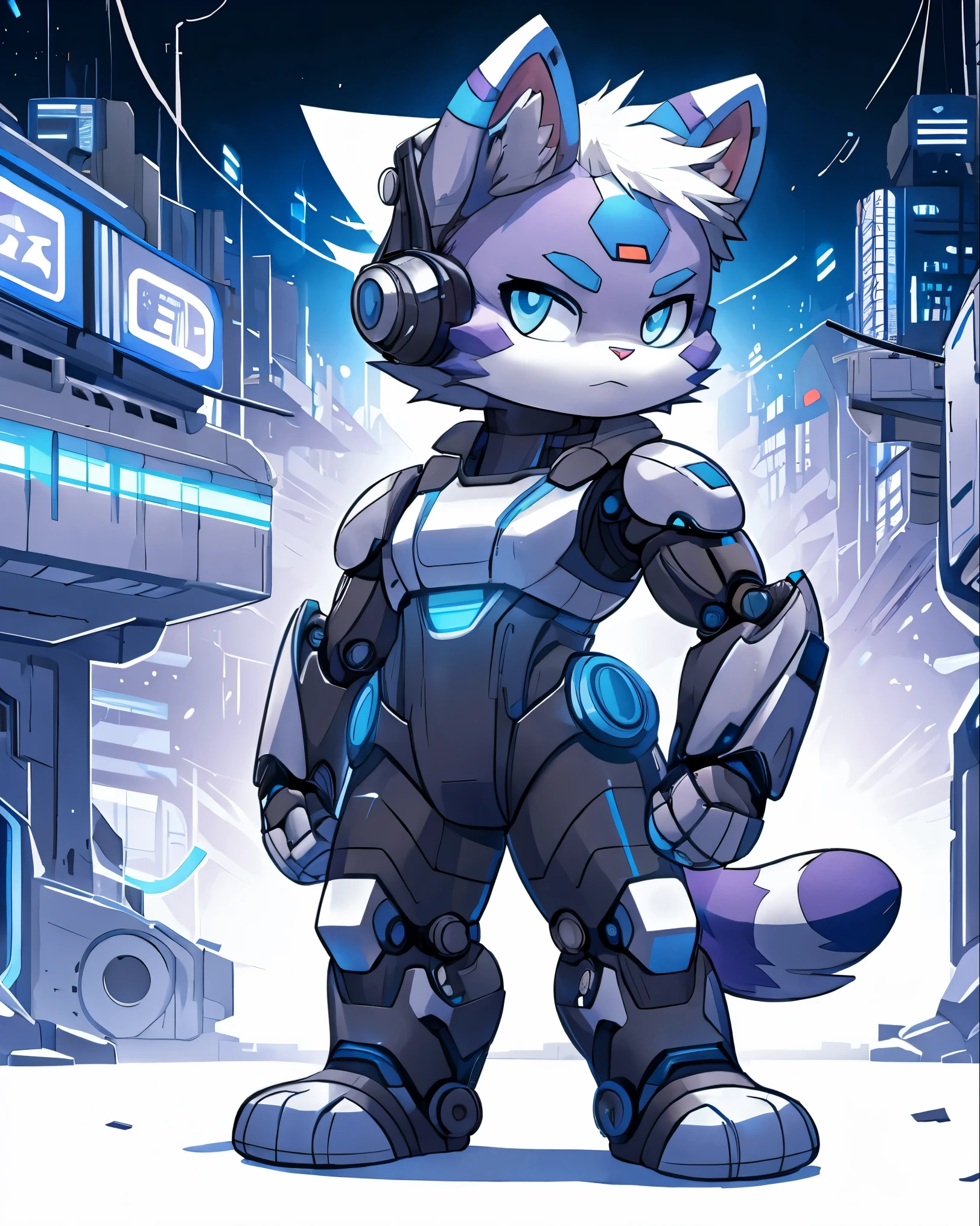 Cat wearing futuristic mecha suit, chibi, standing, background neon city with light purple and blue, stunning style